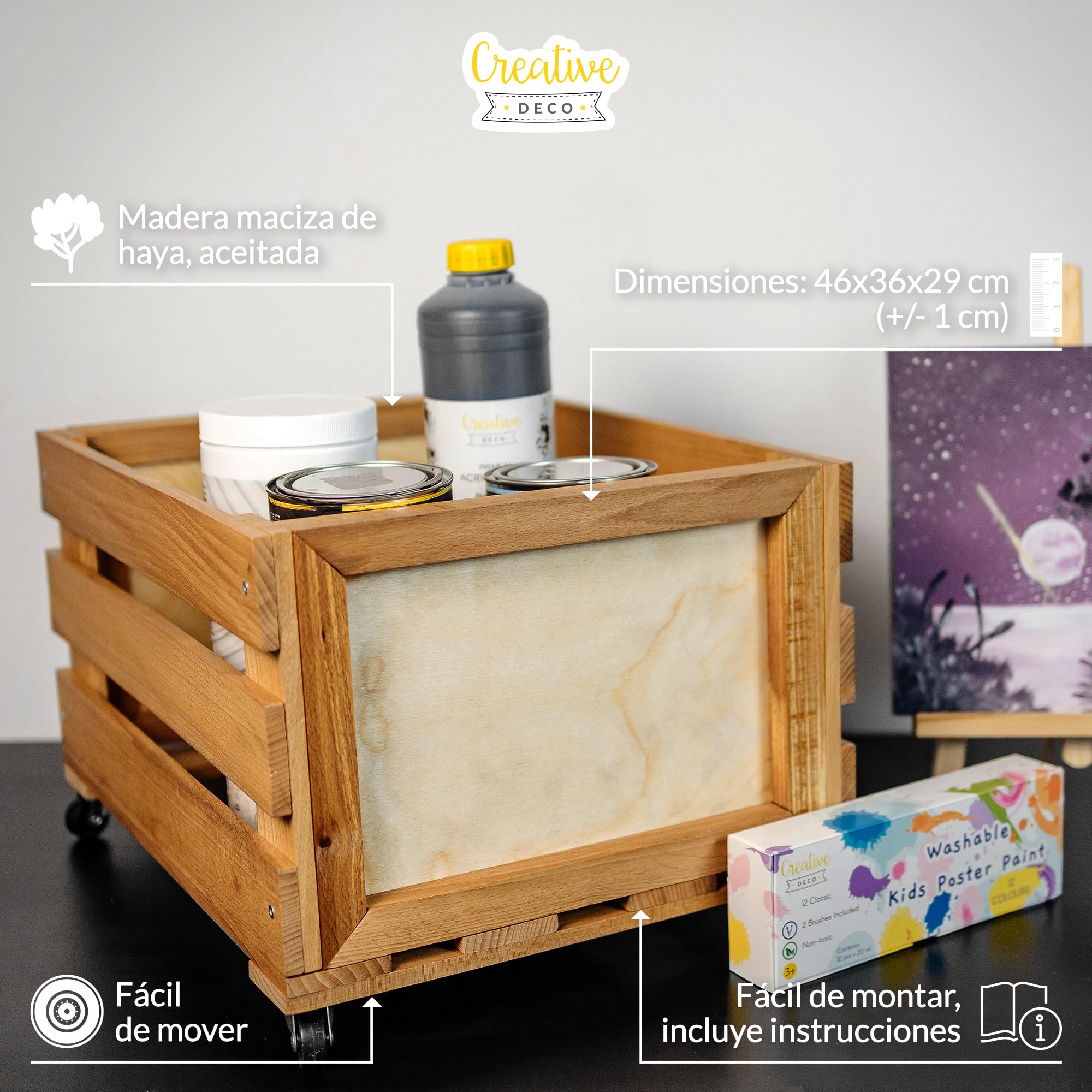 Creative DECO Caja de Madera para Discos de Vinilo con Pizarra | 80 discos | 46x36x29 cm (+/- 1 cm) | Mueble Soporte Cajón con Ruedas Porta Vinilos | Madera de Haya | Cesta para Fruta, Vino, Juguetes