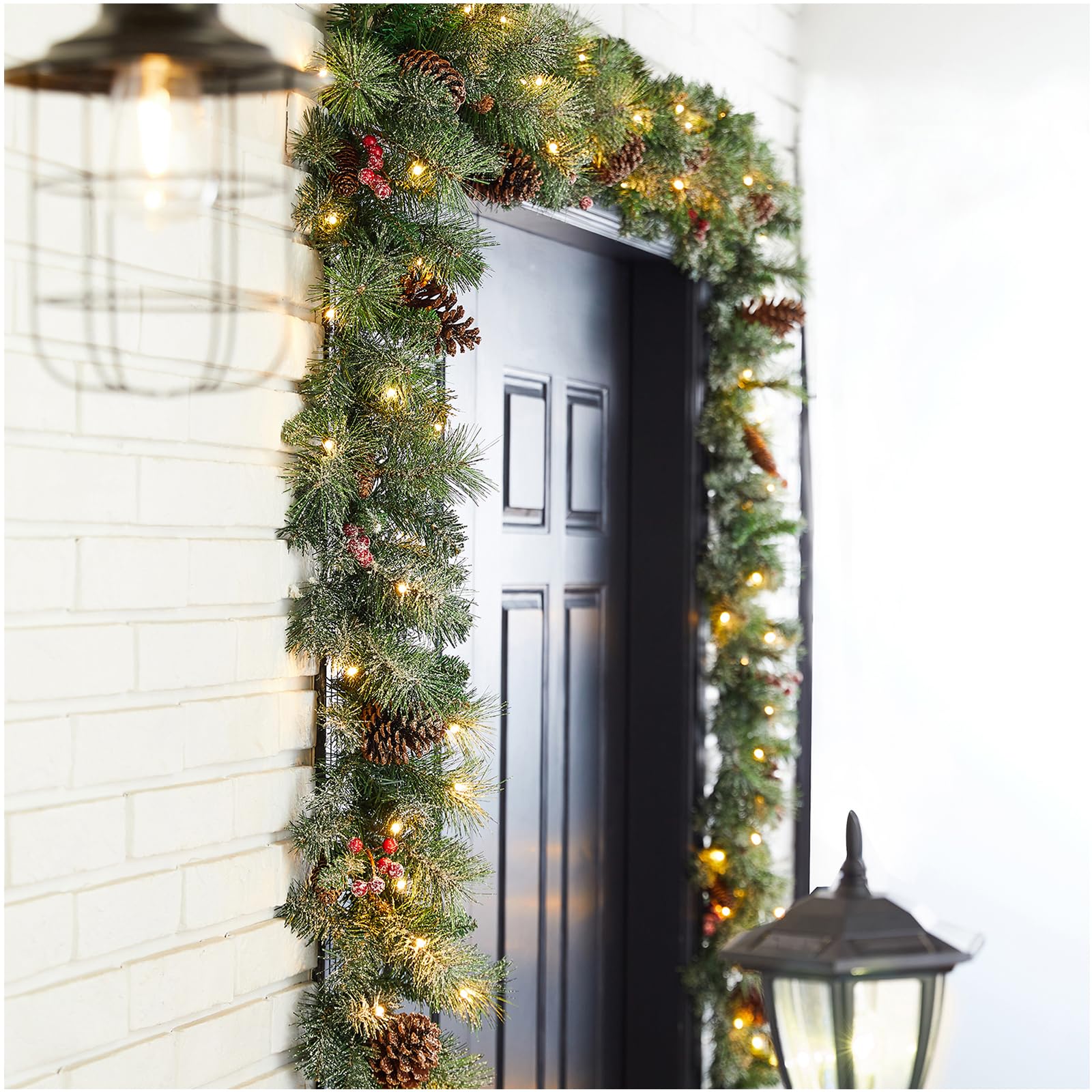 Glitzhome 2PK Pre-Lit Artificial Christmas Garland Glittered Pine Cones Berries with Mixed Decorations and Warm White LED Light - 9ft