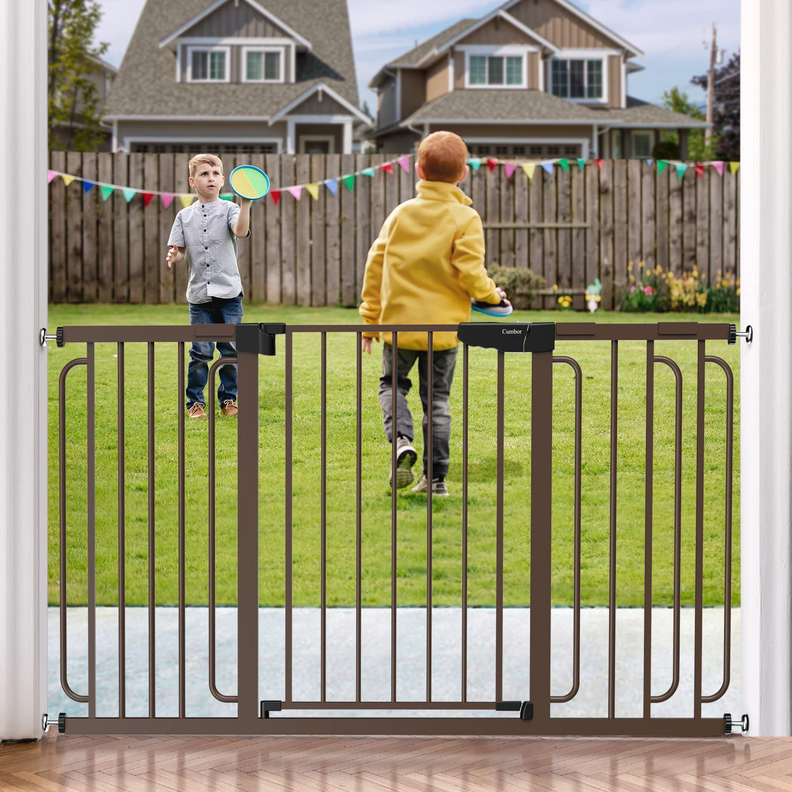 Mom's Choice Awards Winner-Cumbor 29.5-57" Baby Gate for Stairs, Extra Wide Dog Gate for Doorways, Pressure Mounted Walk Through Safety Child Gate for Kids Toddler, Tall Pet Puppy Fence Gate, Brown