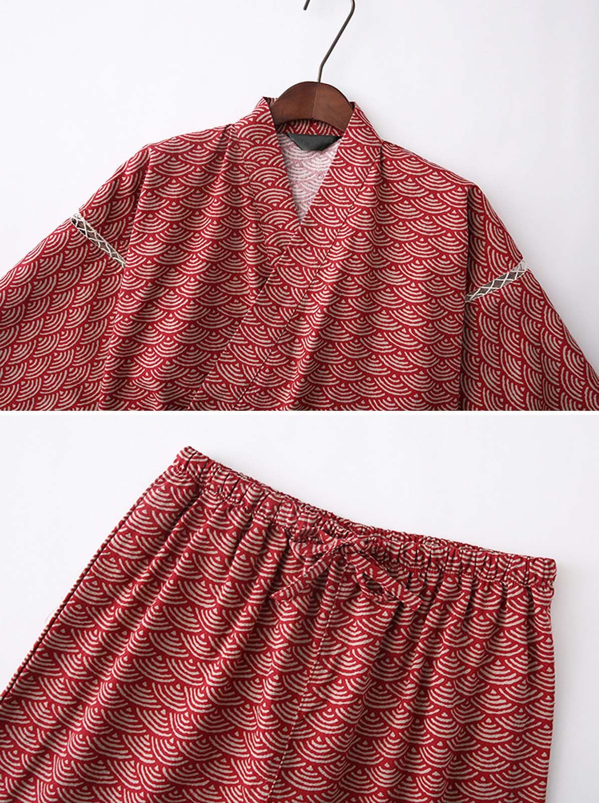 ZEALMAX Kimono japonés Camisa y Pijama Corto para Mujer, Ropa de Descanso de algodón, Conjunto de Bata de baño, Olas Rojas, Talla única