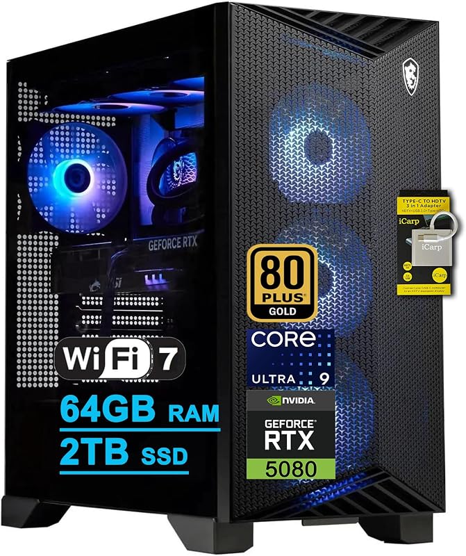 Aegis R2 AI 2nd Gaming Desktop Intel 24-core Ultra 9 285 64GB RAM 2TB SSD GeForce RTX 5080 (Up to 1801 Tops) 360mm Liquid Cooler 5Gb LAN Wi-Fi7 850W 80+ Gold PSU Win11 ICP Hub