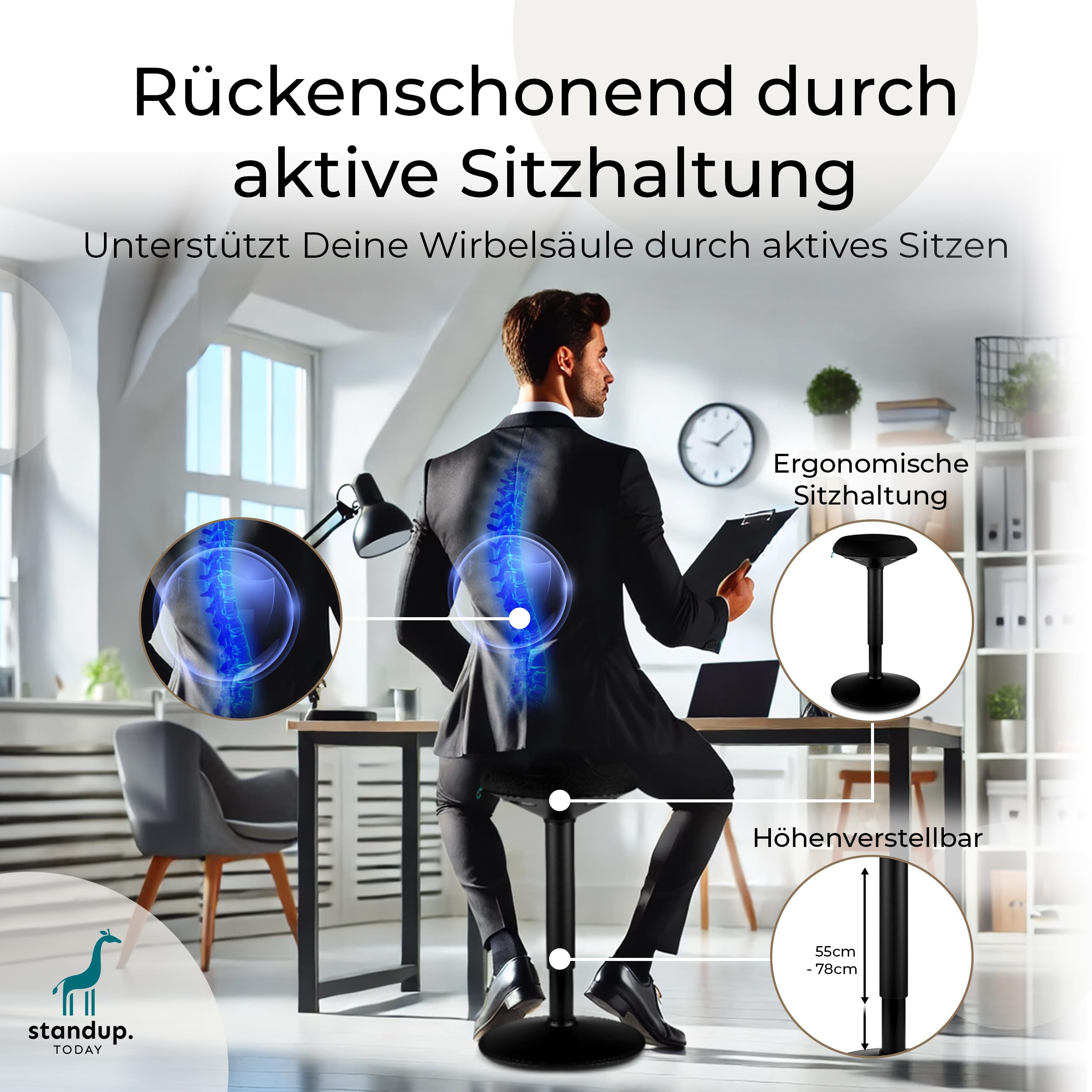 standup.Today Wackelhocker Ella (Schwarz/Schwarz) – Sitzhocker höhenverstellbar 55-80 cm – Ergonomischer Hocker für Büro & Zuhause – Bürohocker mit Schwingeffekt – Schreibtischhocker