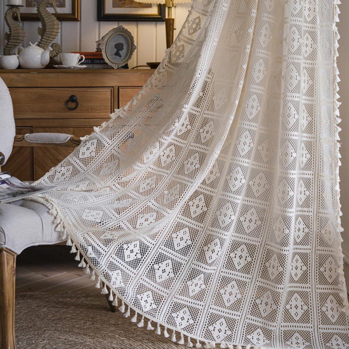 Bringsine Crochet Floral Farmhouse Curtains Closet Semi-Blackout Living Room Drapes 84 Inch Length Cotton Linen Blend Short Bohemian Window with Tassel Beige Rod Pocket Bedroom, 1 Panel