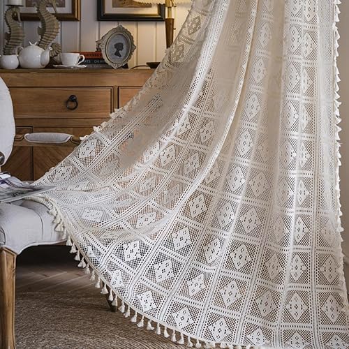 Bringsine Cortinas bohemias de algodón para ventana de sala de estar, dormitorio, cortinas semitransparentes con borlas de macramé, bolsillo para