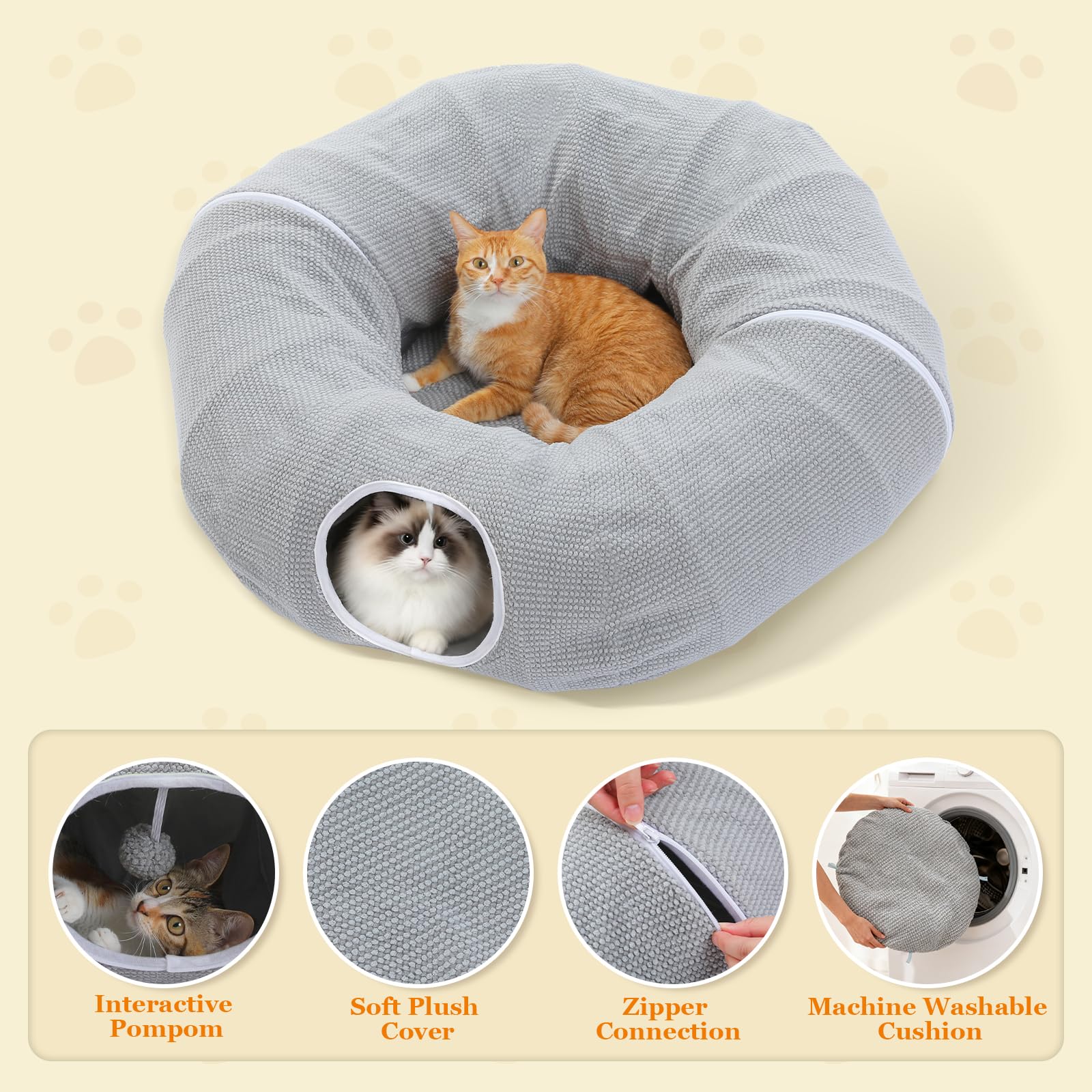 PAWZ Road Túnel de peluche para gatos, túnel de conejo, juguete para gatos, 2 en 1, forma circular, túnel para gatos y cama para gatos, diámetro de 85 cm, color gris