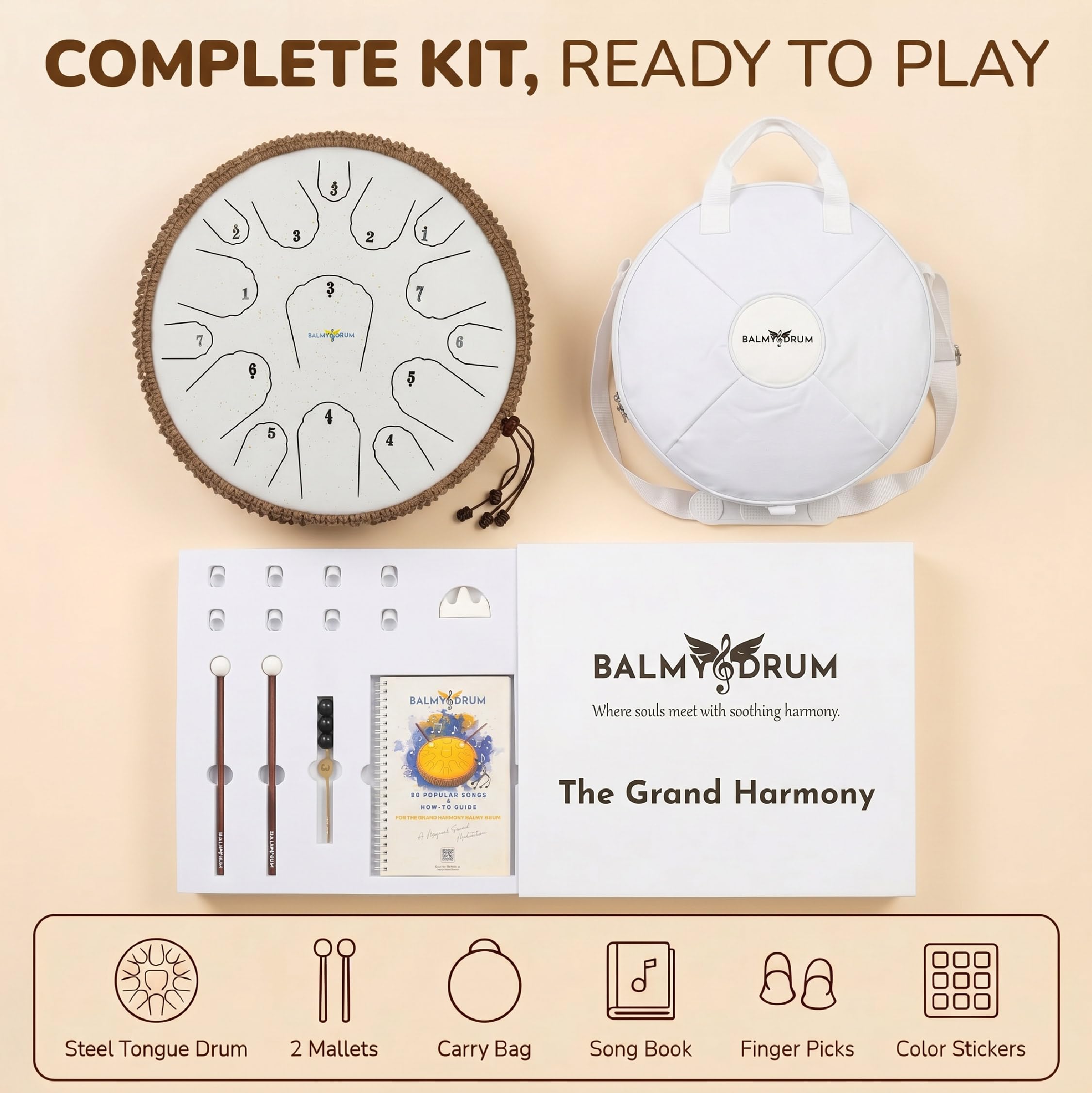 Balmy Drum The - 15 Note 14 Inch Steel Tongue Drum, Steel Drum Instrument, Tamburo per adulti, Set per bambini con libro di musica, tamburo handpan, martello e borsa per il trasporto, tamburo lingua