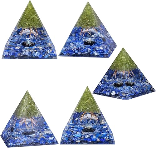 Miniatura 4 de mookaitedecor Pirámide de orgón de árbol de la vida de peridoto con piedras pulidas de lapislázuli y bola de cristal de cristal, generador de