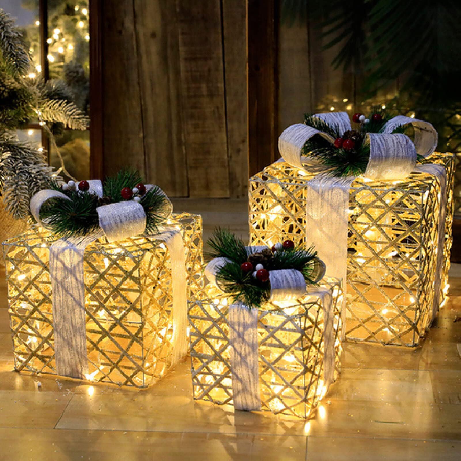 Cajas de regalo para Navidad, Juego de 3 cajas iluminadas con lazos, arte del hierro LED, decoración iluminada de ratán, cajas iluminadas for regalos al aire libre for decoraciones navideñas en el hog