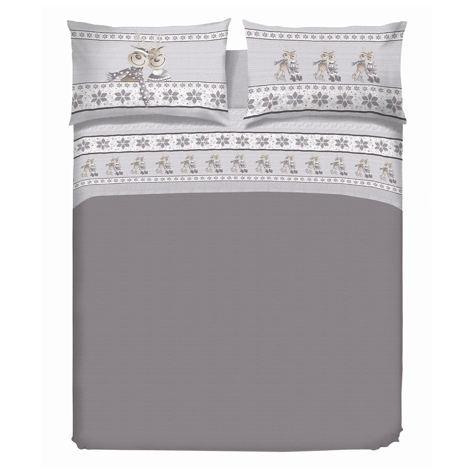 PENSIERI DELICATI Completo Letto Matrimoniale, Flanella 100% Cotone Caldo e Morbido, Completo Lenzuola Made in Italy 2 Piazze 180x200cm, Include Lenzuolo Sotto, Sopra e 2 Federe, Fantasia Renna Grigio