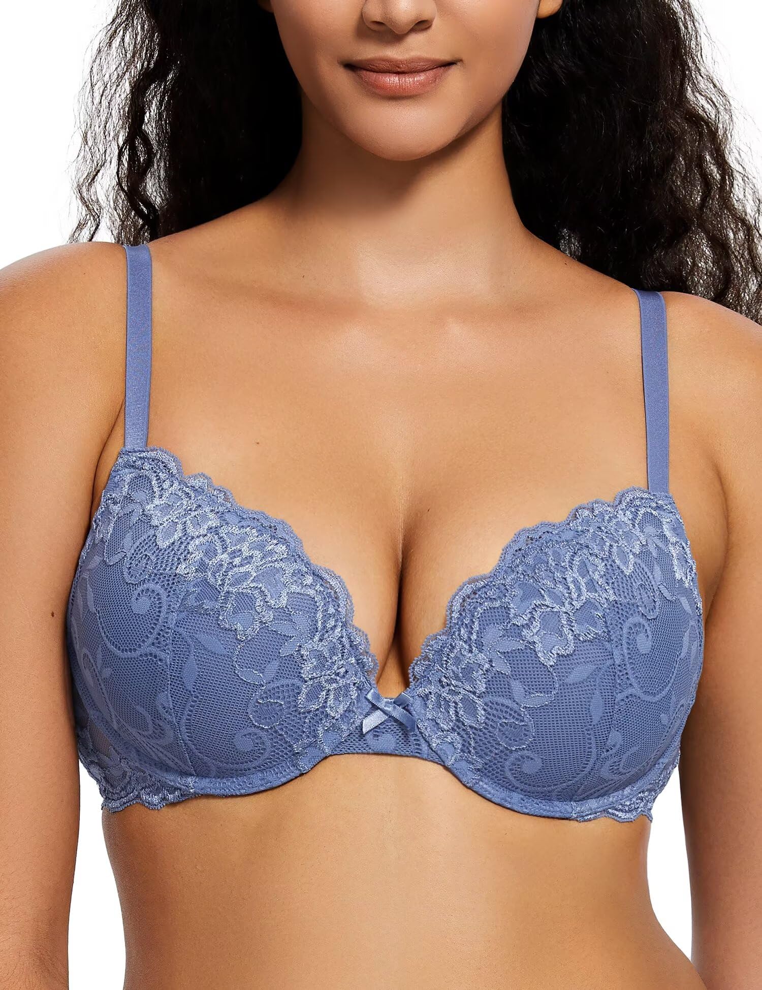 Deyllo Women's Push Up Lace Bra Sexy Deep V Lift Up Bra Underwire Padded Comfort Everyday Bra
