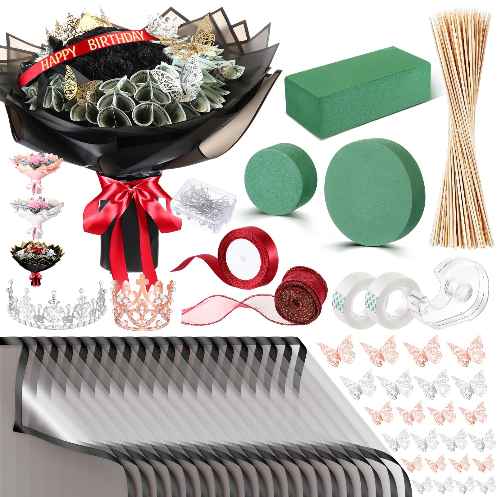 XunYee Money Bouquet Kit 20 Sheet Flower Wrapping Paper 100 Pcs Bamboo Skewers Floral Foam Blocks for Thanksgiving Anniversary Birthday Gift Graduation Valentine Mother's Day(Transparent Black)