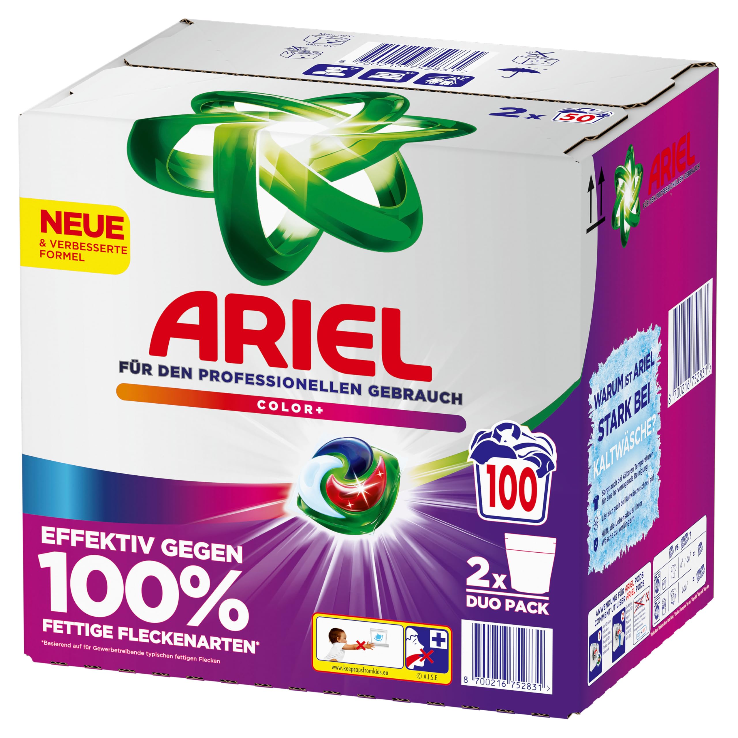 Ariel Professional All-in-1-Pods Waschkapseln Color+, bekämpft alle Arten von Fettflecken, für den professionellen Gebrauch