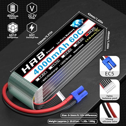 Miniatura 4 de HRB Paquete de 2 baterías Lipo 6S 4000mAh 60C EC5 y 1 bolsa Lipo