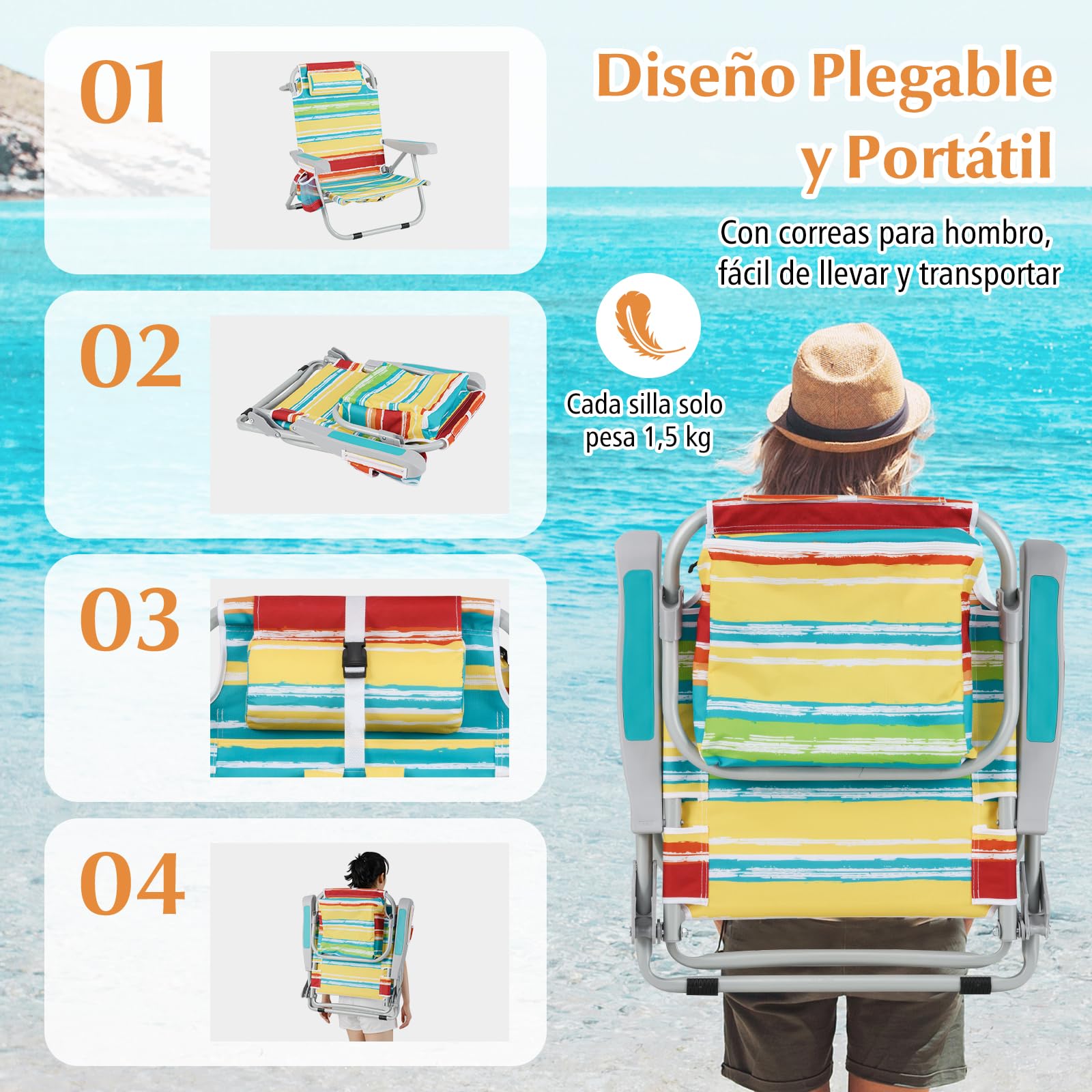 GIANTEX Silla de Playa Plegable con Bolsa de Almacenamiento, Bolsillos Laterales, Reposacabezas y Soporte para Toallas, Respaldo Ajustable 5 Niveles (2, Rayas Coloridas, 65 x 66 x 78 cm)