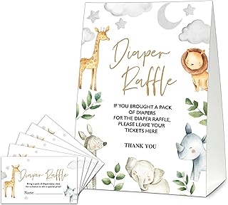 Safari Diaper Raffle Tickets For Baby Shower, Woodland Jungle Animals Diaper Raffle Baby Shower Games, Baby Shower Decorations, Diaper Raffle Cards - 1 Sign With 50 Tickets Cards - B03