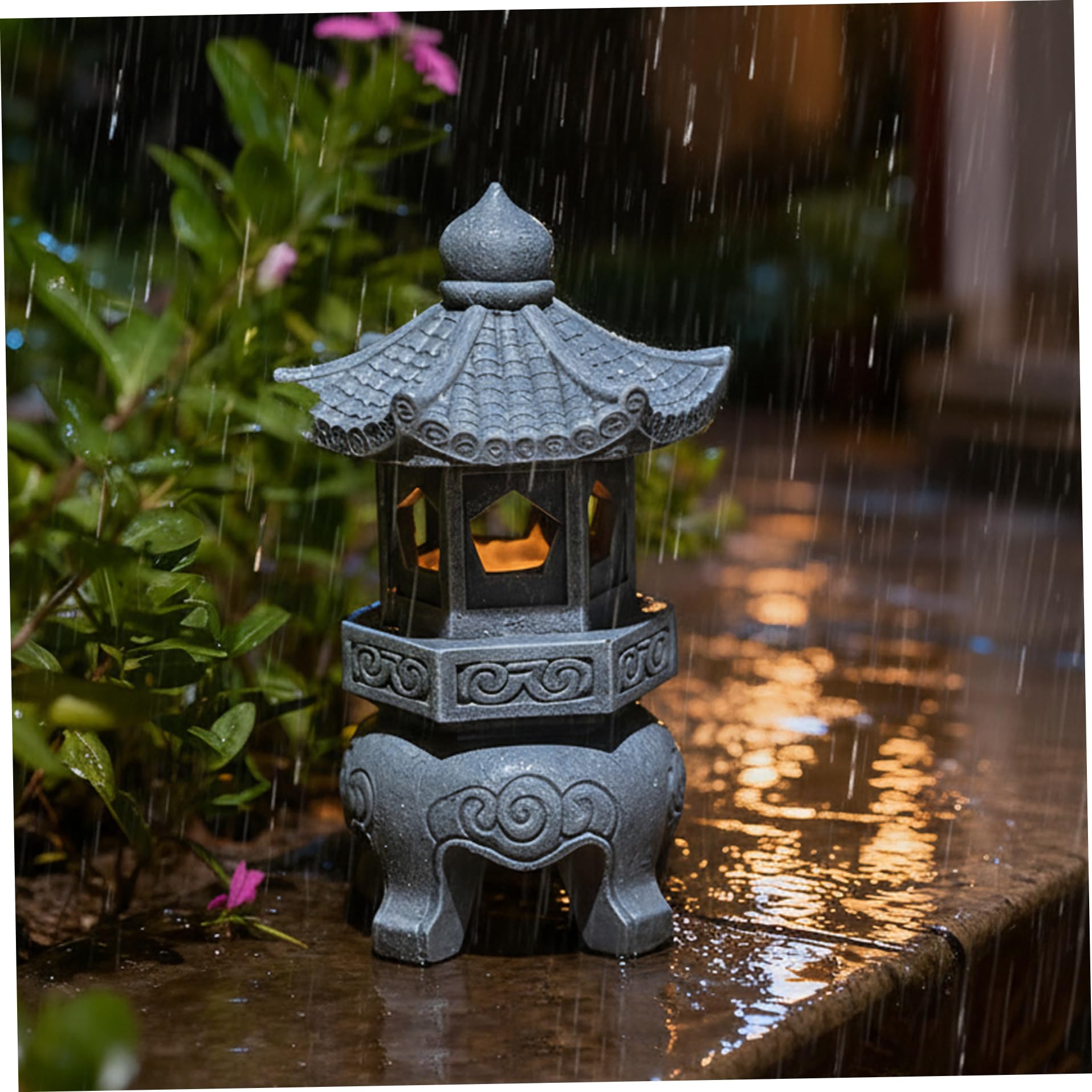 Latemeia Pagoda Garden Statue, Resin Solar Japanese Pagoda Lantern, Decorative Zen Garden Landscape for Yard Patio Lawn, Style 3, Statue