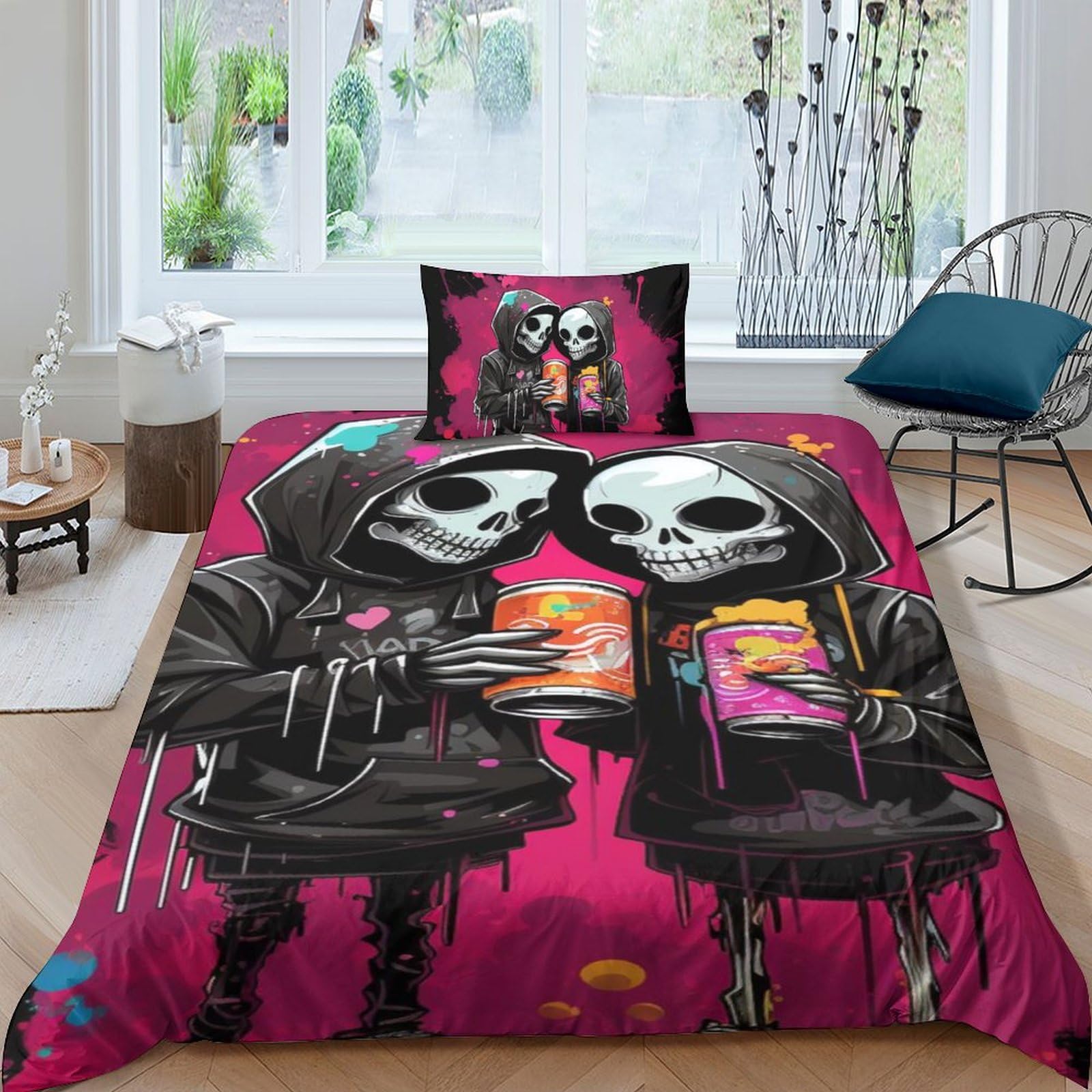 Housse de couette enfants luxe déco chambre skeleton lit 135x200 finitions haut de gamme