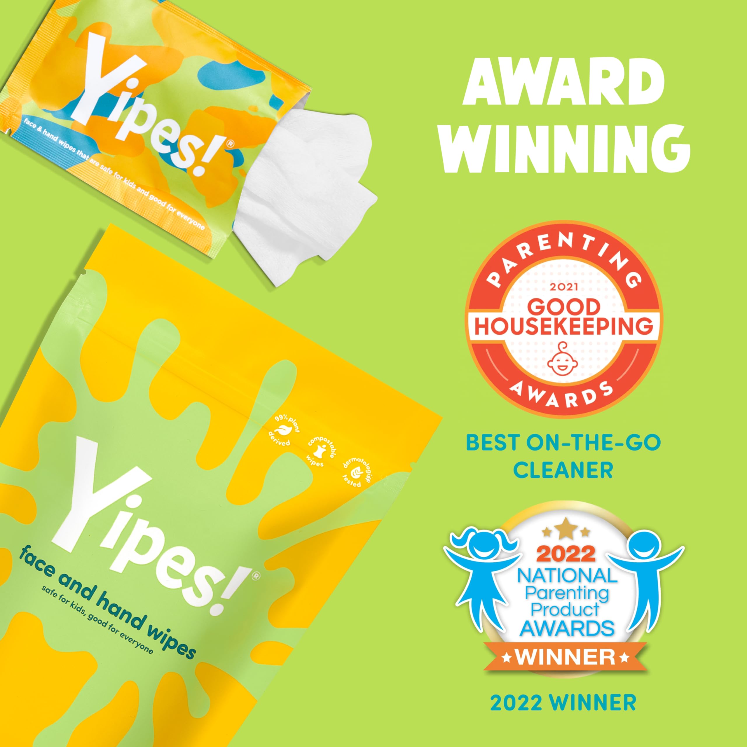 Yipes! Toallitas húmedas compostables para piel sensible para niños, envueltas individualmente, imprescindibles para el aula, artículos esenciales de viaje, para mochilas, loncheras, suministros para