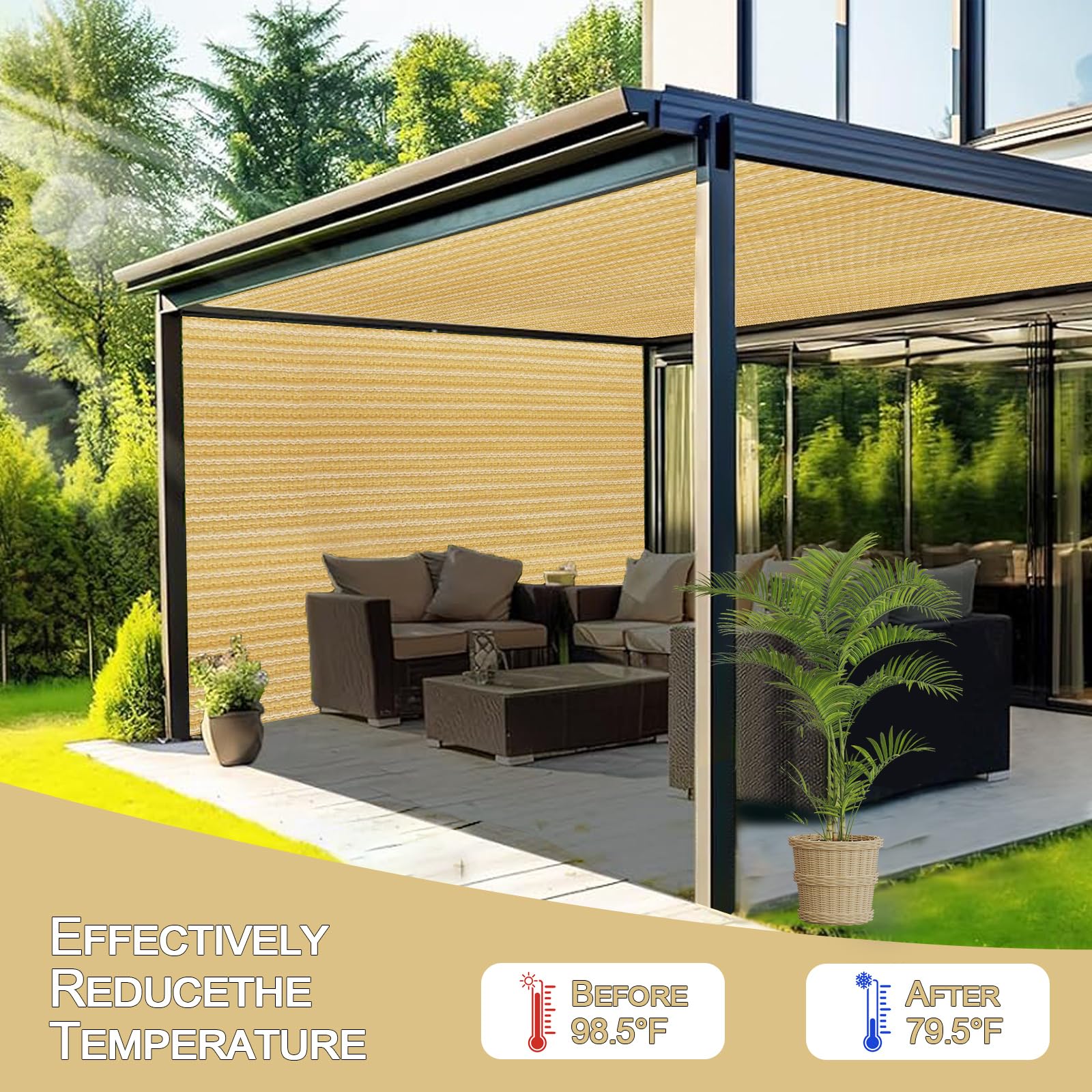 Tenda da sole rettangolare con occhielli, traspirante, rete di ombreggiatura per esterni, per casa, terrazza, giardino, piante, recinzione, canile, campeggio, beige