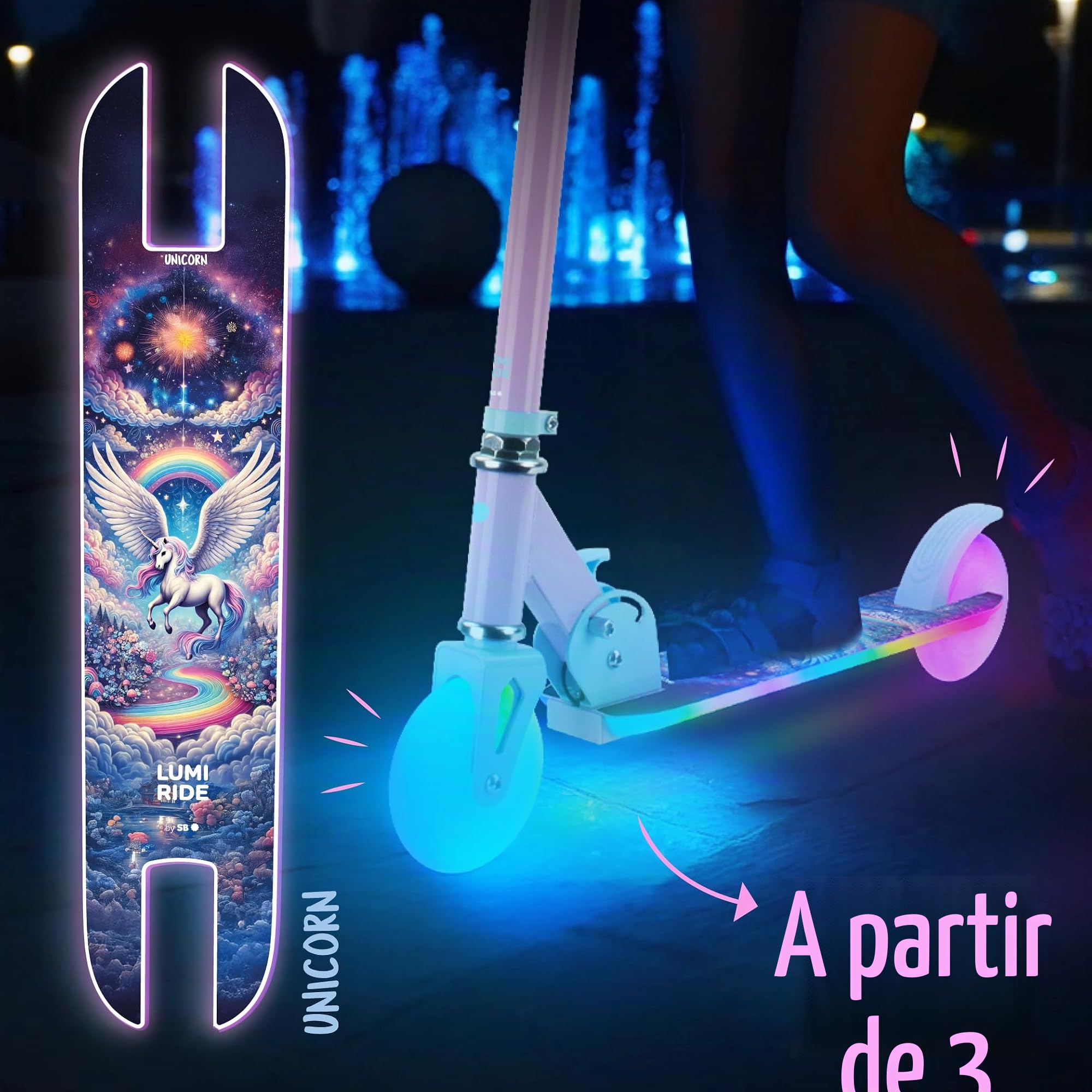 LUMI Ride Patinete Infantil 2 Ruedas LED 3+ | 7 colores, 20 programas, manillar ajustable, freno pie