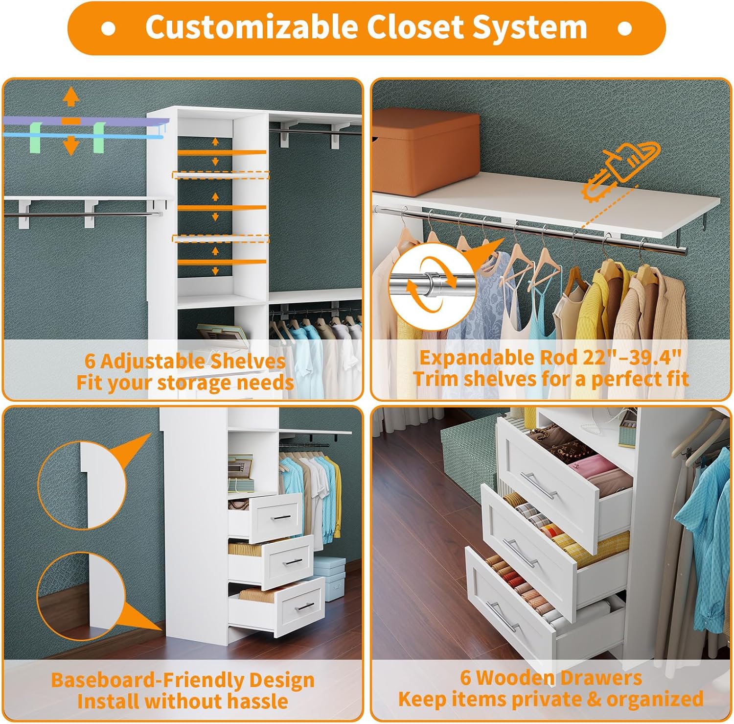 Closet System with Drawers, 8FT-12FT Closet Organizer System 96" -154.5" Walk in Wood Closet Storage System with Shelves Hanging Rods Corner Wall Mount, 2 Set