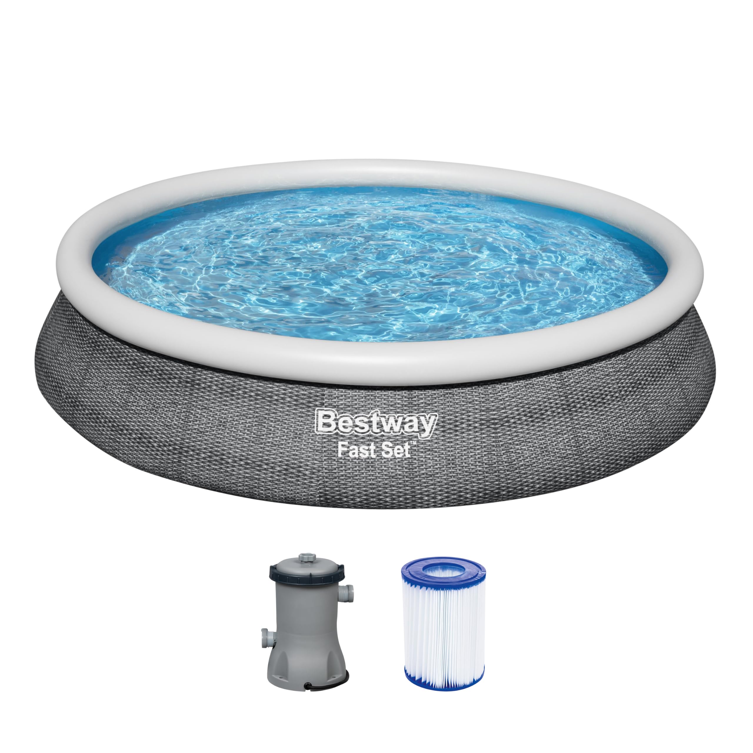 Bestway® Fast Set™ Aufstellpool-Set mit Filterpumpe Ø 457 x 84 cm, Rattan-Optik (Schiefergrau), rund