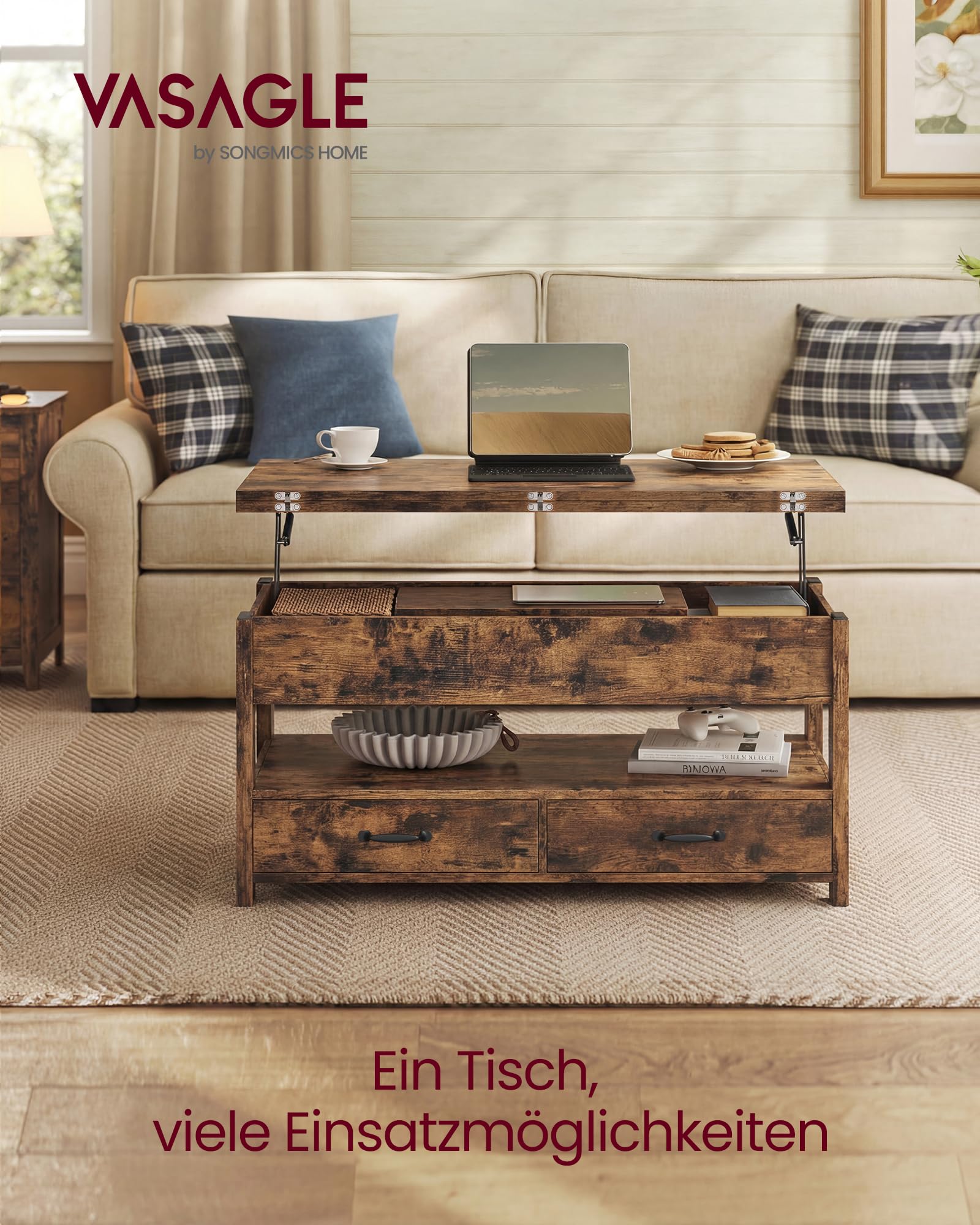 VASAGLE Couchtisch, höhenverstellbarer Wohnzimmertisch, Gaszylinder, 2 Schubladen und 3 Fächer unter der Tischplatte, Kaffeetisch, 1 offenes Fach, für Wohnzimmer, Homeoffice, vintagebraun LCT254K201