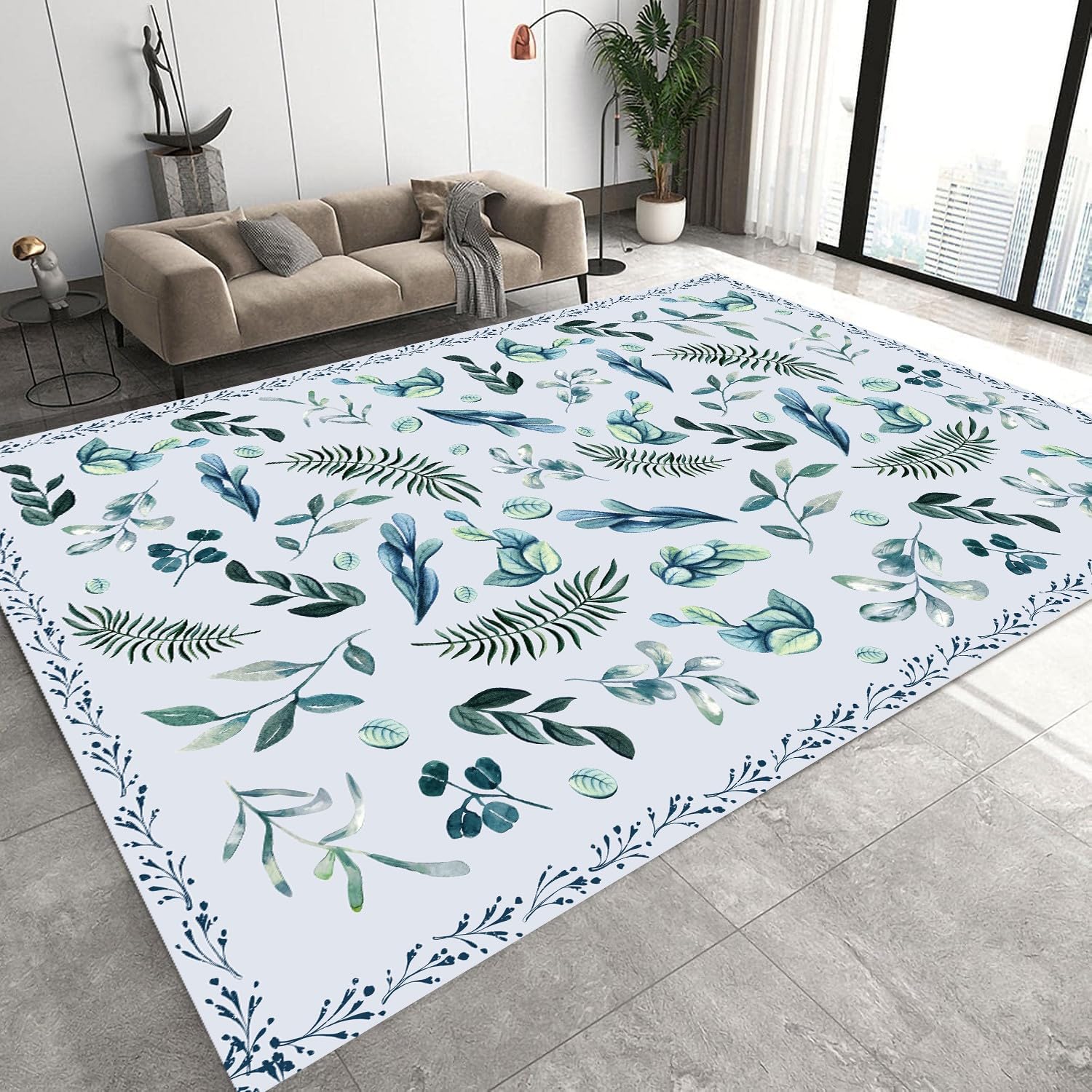 Kuluoits Leaf Area Rug, 180x230cm, Tropical Palm Leaves Rugs, Eucalyptus Decor, Eucalyptus Leaf Rug, Green Leaves Rugs for Living Room Bedroom, Washable Non Slip Soft Small Carpet Home Decor