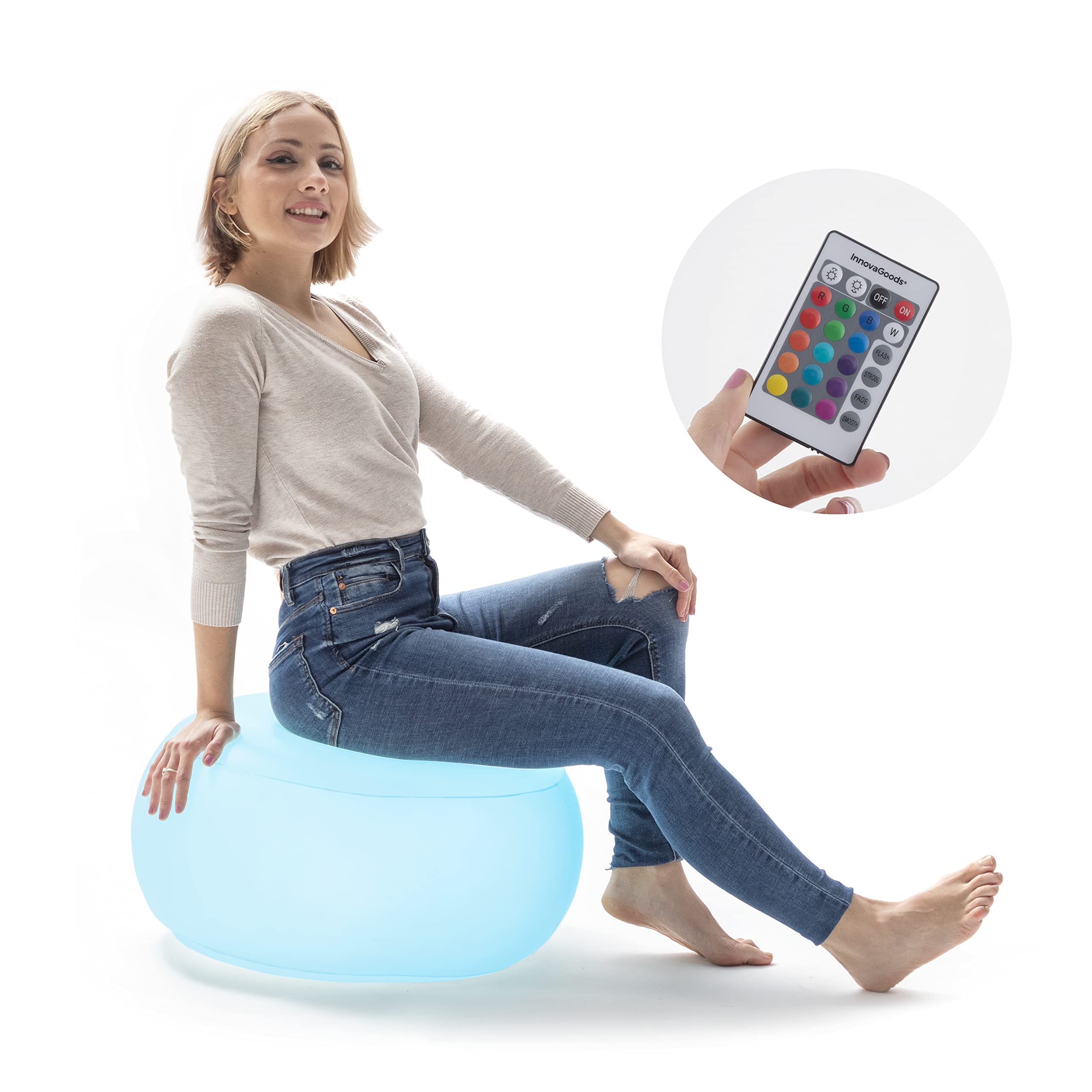 InnovaGoods - Pouf Gonflable LED Multicolore avec Télécommande, Résistant à l'eau, Pompe Incluse, Portable et Léger, Idéal pour Intérieur et Extérieur, Blanc, Unica, Plastique