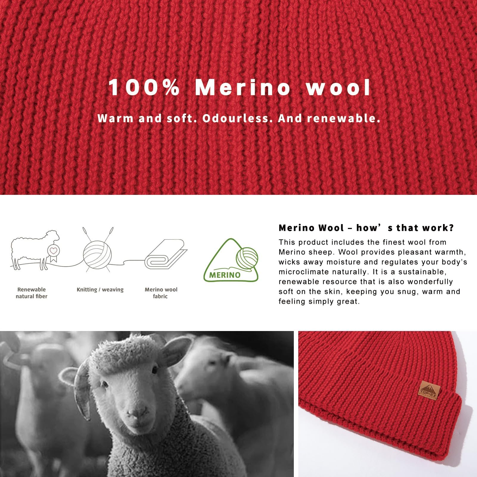 TOP-EX Gorro de lana merino 100 % con puños, punto de una sola capa, sombreros de lana de invierno para hombres y mujeres, 55-66 cm