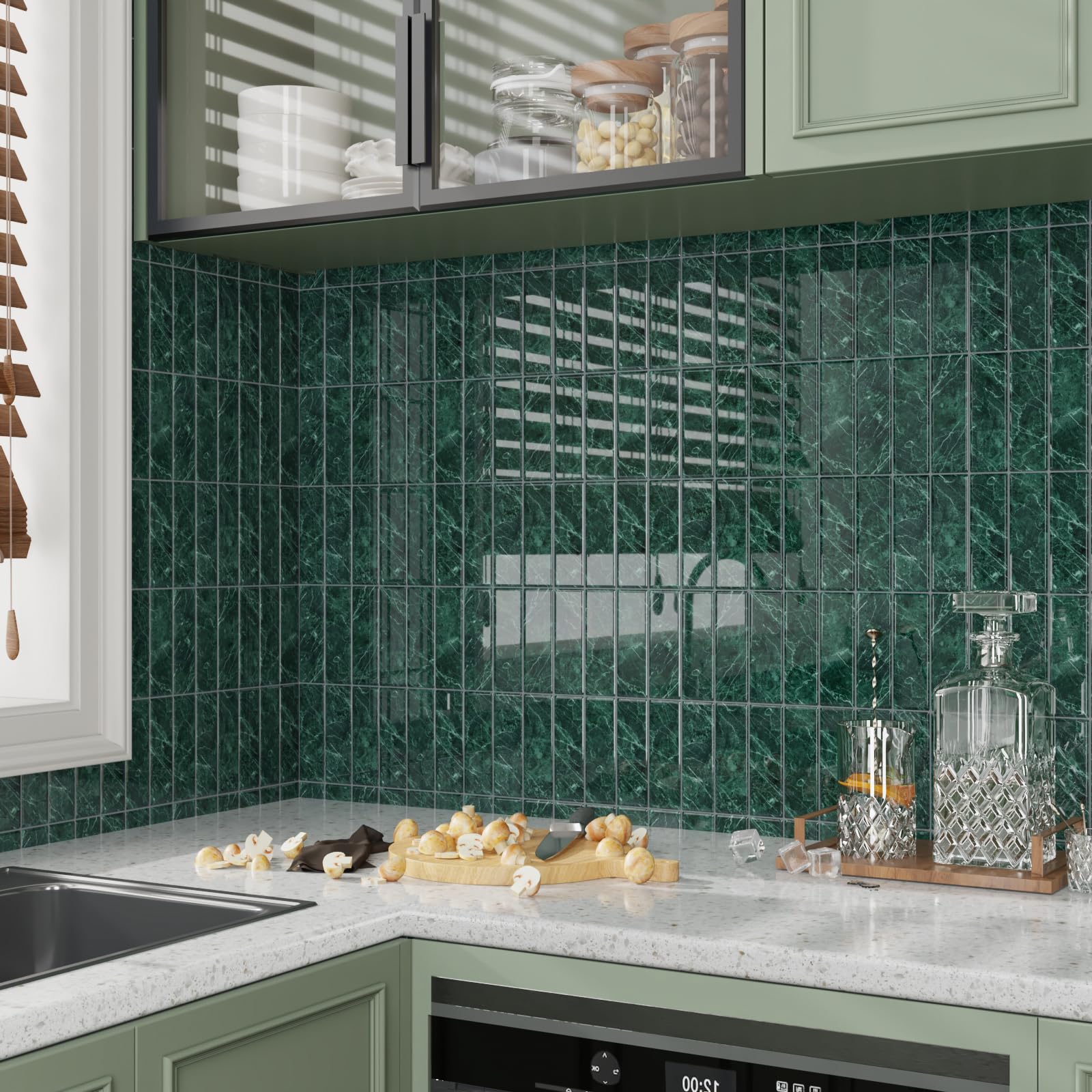 CRE8TIVE Azulejos Adhesivos Verde para Cocina y Baño - 16 Piezas Vinilos Impermeables de Mármol para Baldosas, Lavadero, Escaleras - 30.5cm x 30.5cm
