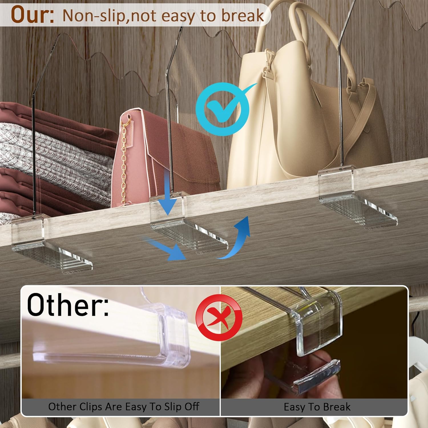 Acrylic Shelf Dividers for Closet Organization - 6 Pack Adjustable Clear Purse Organizer for Closet Handbag, Sweaters, Towels, Clothes Storage with Non-Slip Base