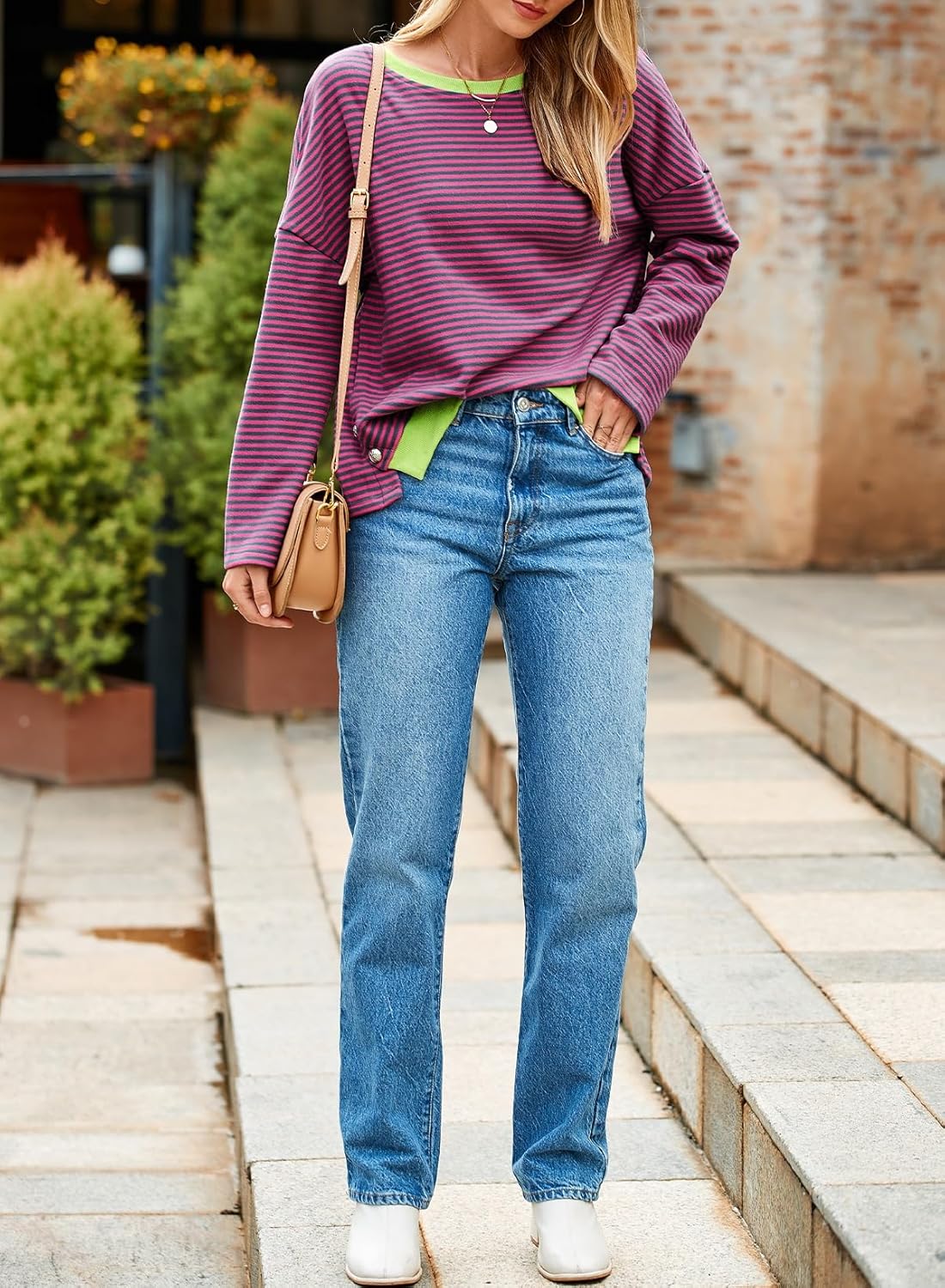 Sidefeel Womens Color Block Tops Casual Long Sleeve Shirts Oversized Crewneck Striped Pullover Shirts - Image 5