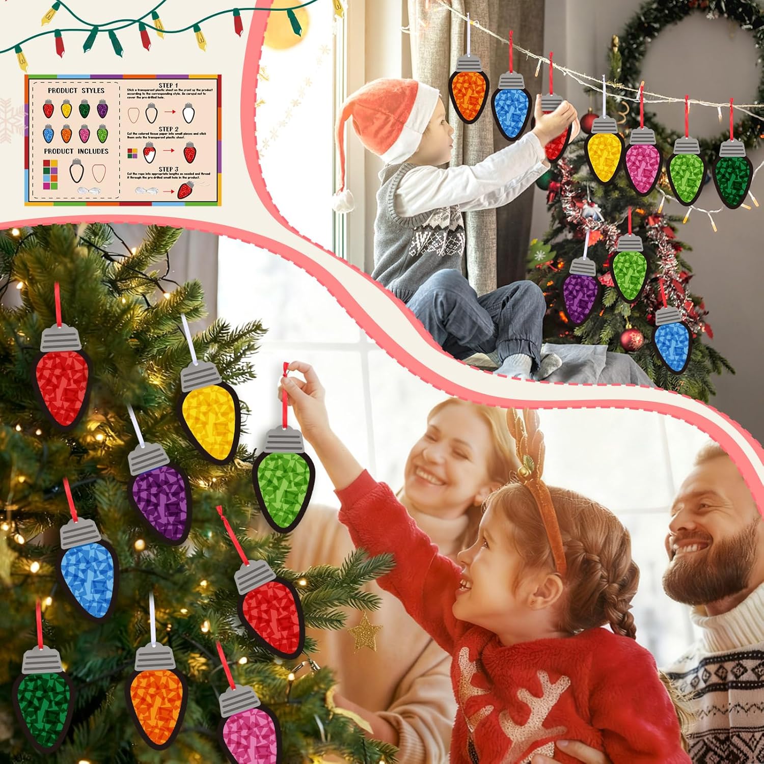 Funrous 32 Set Christmas C9 Lights Suncatchers Crafts Kit Xmas Colorful Light Bulbs Craft Tissue Paper Sign DIY Hanging Ornaments Window Art Decor for Christmas Winter Home Classroom Party Decorations