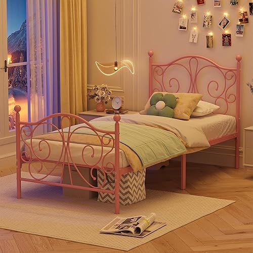 Miniatura 4 de Base de cama individual con cabecera y estribo con patrón de mariposa, cama tamaño individual, fácil montaje, no necesita somier, plataforma de