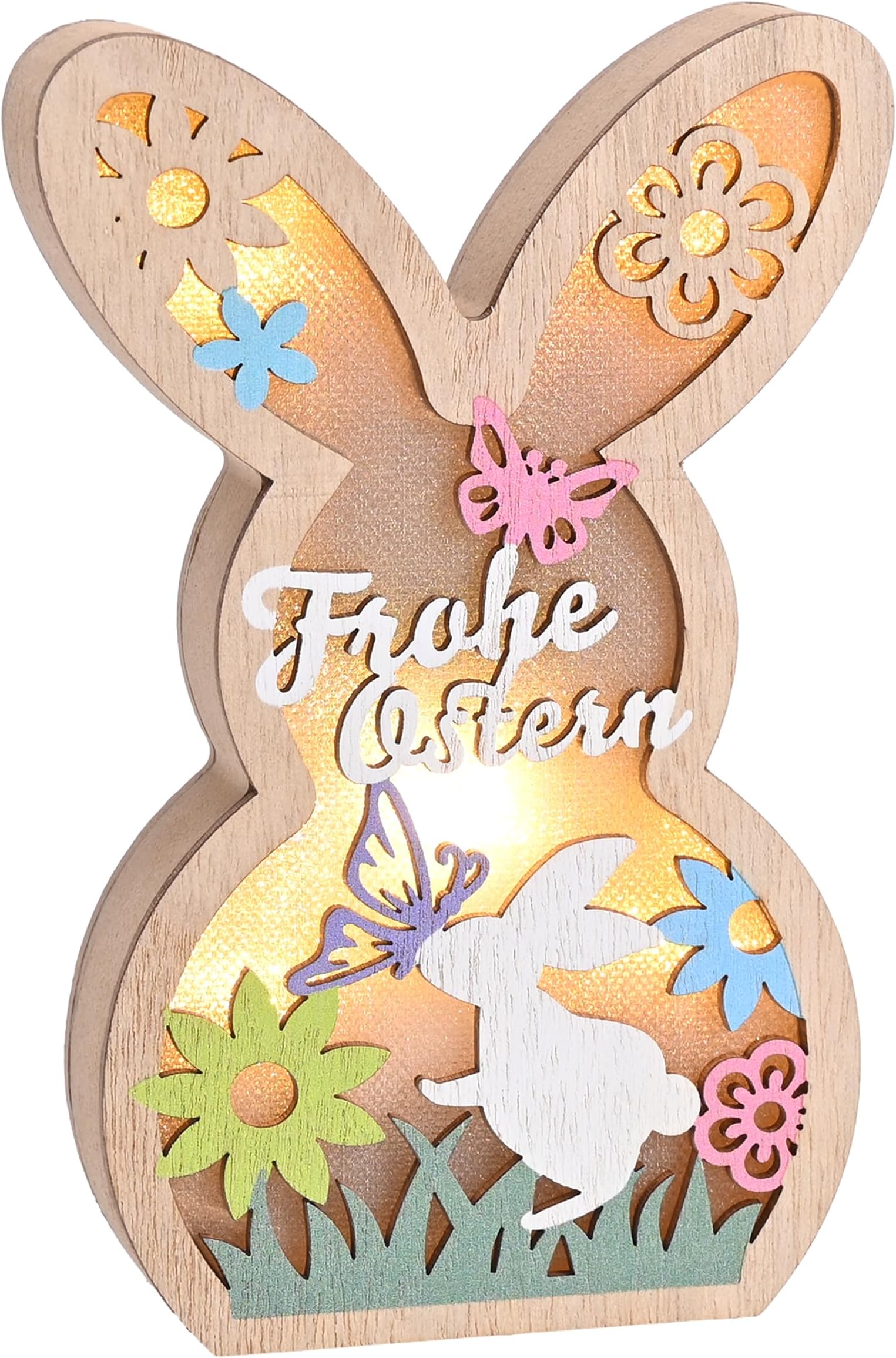 Valery Madelyn Wooden Easter Bunny with LED Timer Light for Easter Decoration, Window Table Decoration, Pink Blue Flower Butterfly Ornament, Spring Decoration, Easter Gift, 16 cm