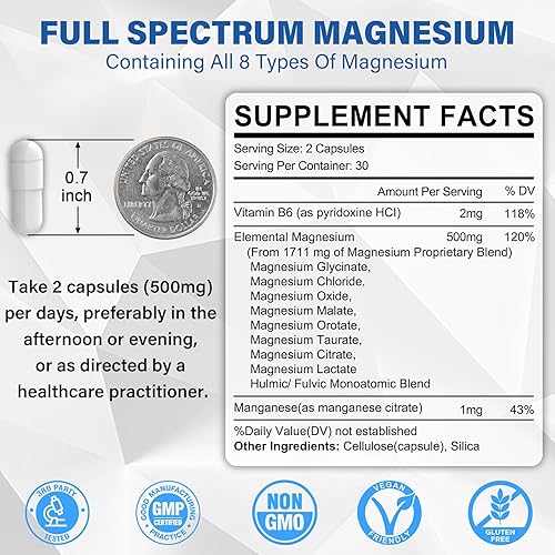 Miniatura 2 de Suplemento complejo de magnesio 8 formas, 500 mg de glicinato de magnesio, malato, citrato, magnesio de alta absorción para la calma, el sueño, el