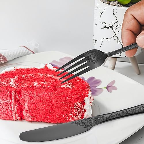 Miniatura 4 de Juego de cubiertos florales negros para 6 cubiertos de acero inoxidable, 30 piezas, cubiertos únicos para comer, vajilla elegante, tenedor, cuchara,