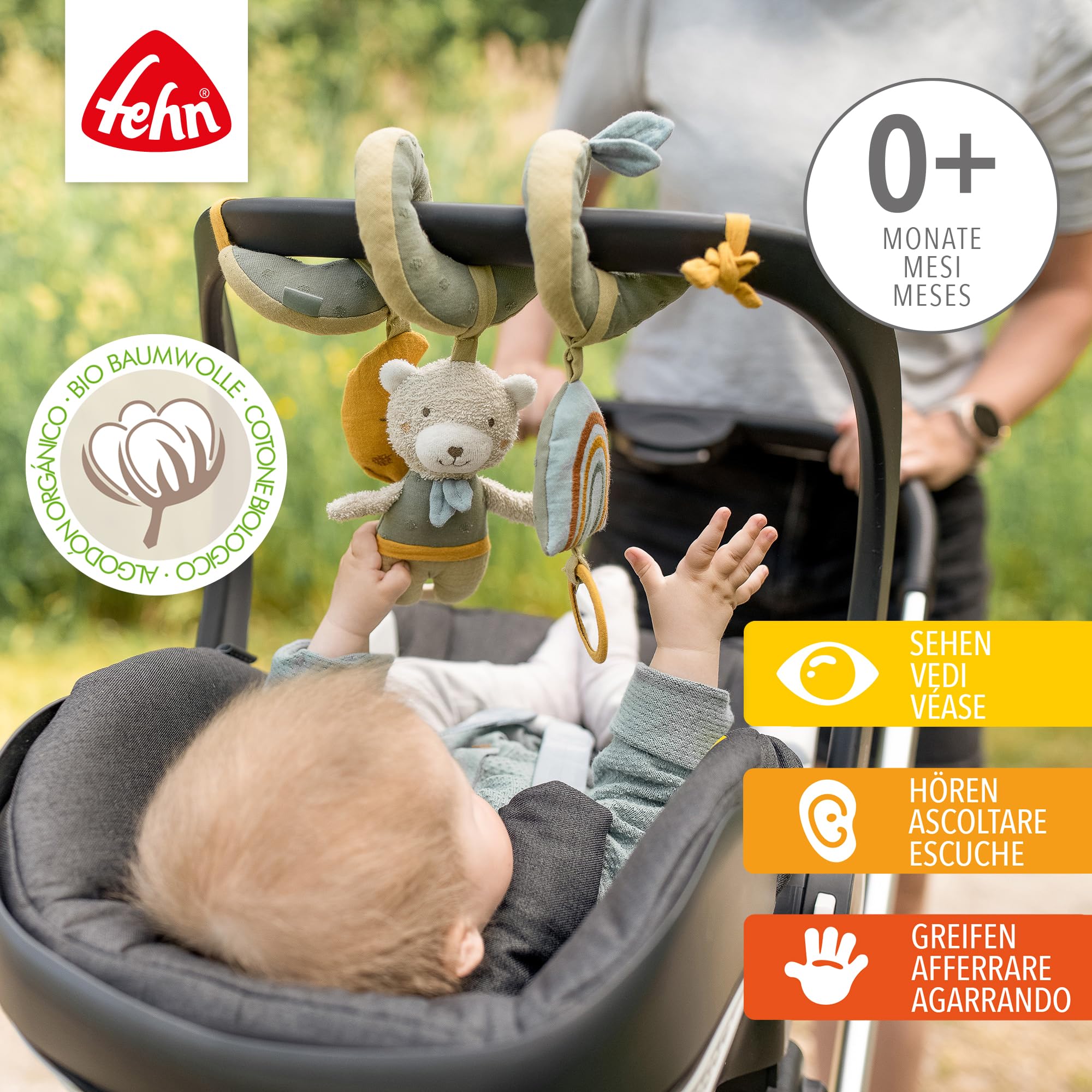 Fehn Activity Spirale Bär – Kinderwagen Spielzeug zum Fühlen und Greifen – Babyspielzeug für Bett, Laufstall, Babyschale und Autositz – Motorikspielzeug für Babys und Kleinkinder ab 0+ Monaten