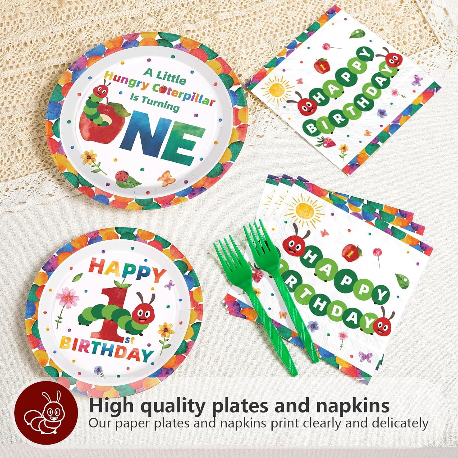 Grencian 200Pcs Caterpillar 1st Birthday Party Supplies A Hungry Green Insect is Turning One Plates and Napkins Tableware Set Hungry Caterpillar Party Decoration for Boys Birthday Baby Shower Serve 50
