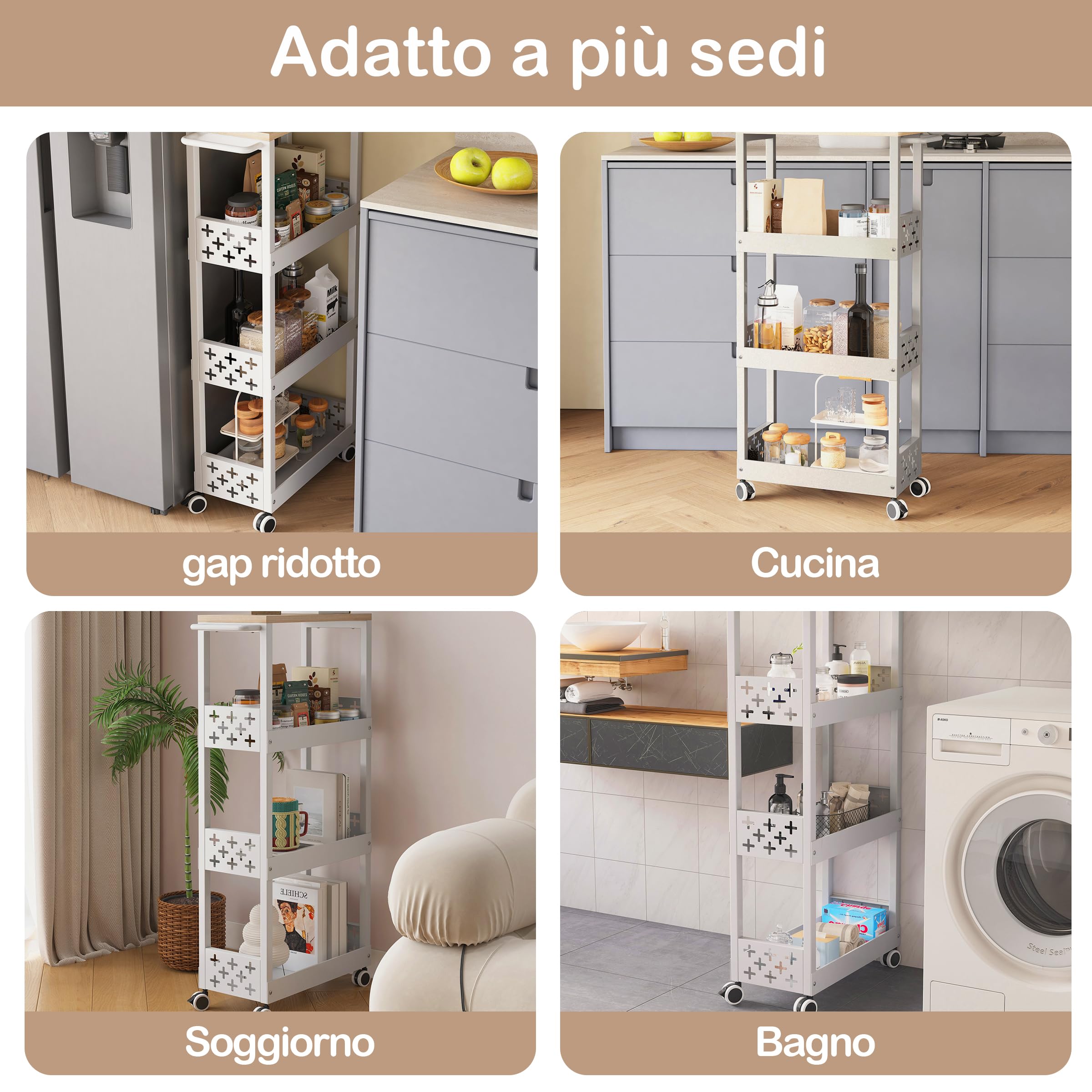 UMDONX Carrello con Ruote Portatutto Stretto a 4 Livelli in Metallo,Nero | Carrello da Cucina con Piano di Lavoro,Ripiano a Nicchia su Rotelle per Piccoli Ambienti,Soggiorno,Studio,Bagno