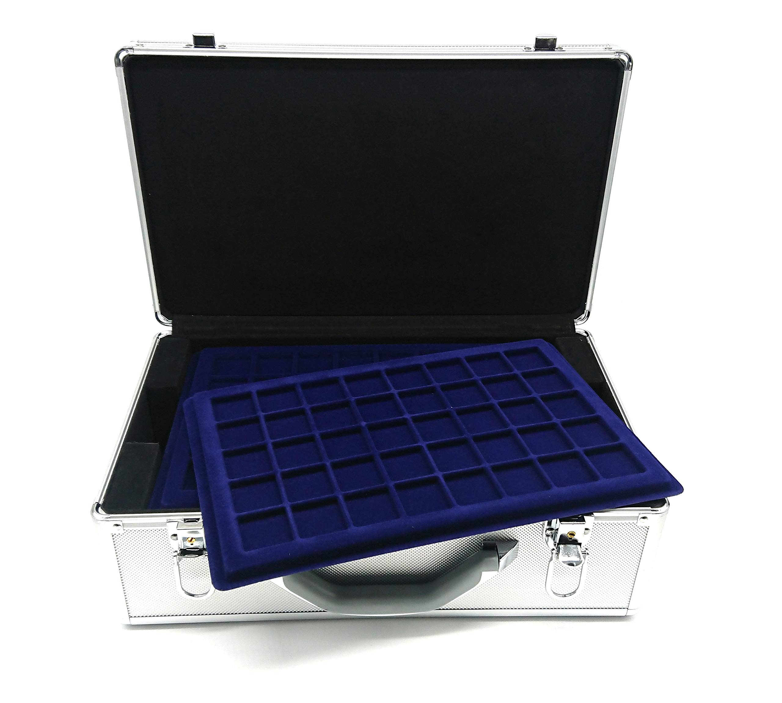 Maletín grande de aluminio para monedas con 12 cajones azules para 480 monedas de hasta 32 mm, azul, Maletín para monedas