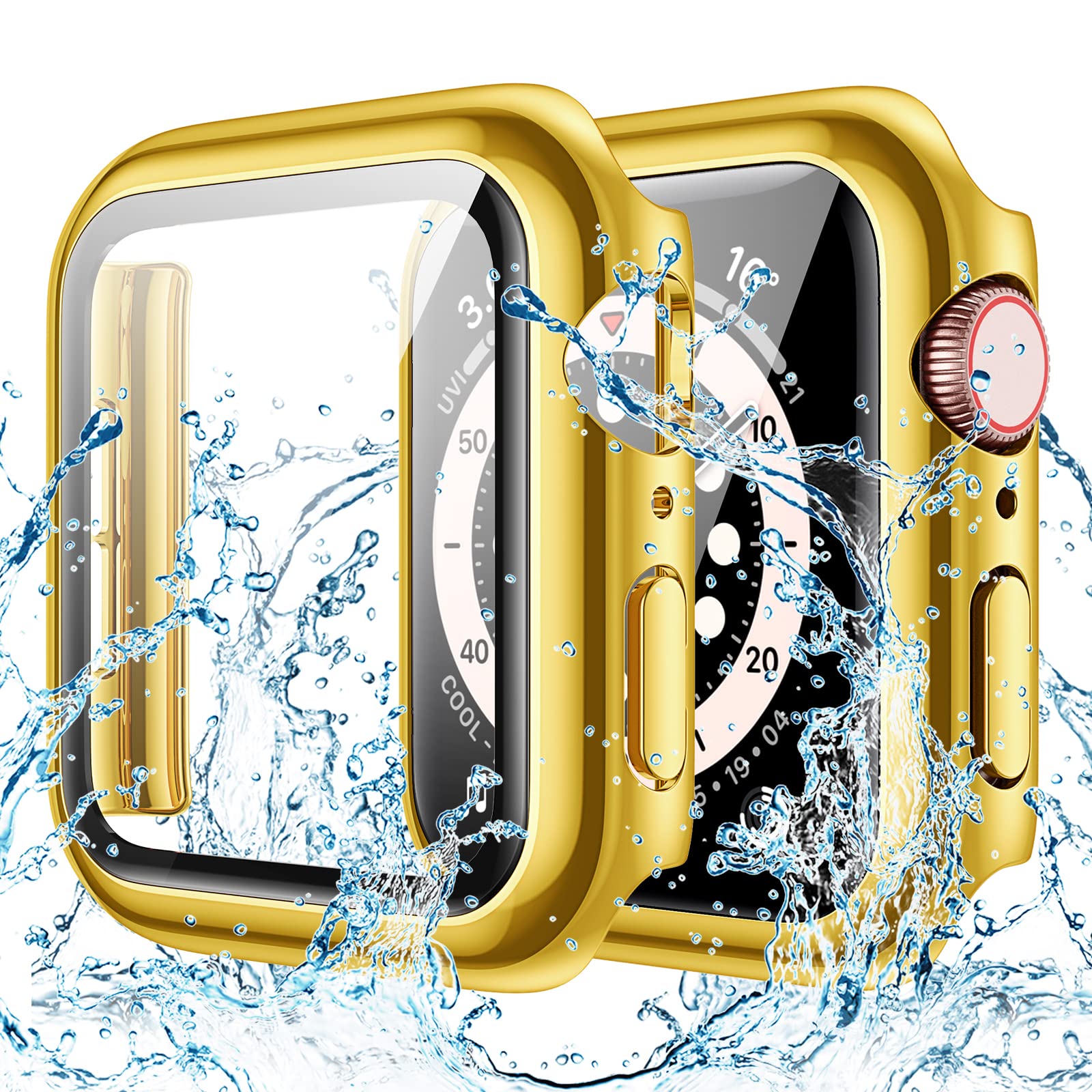 Goton Waterproof Case for Apple Watch 44mm SE (2nd Gen) Series 6 5 4 with Tempered Glass Screen Protector, iWatch Full Protective Hard PC Bumper Case Face Cover for Men Women 44 mm Gold