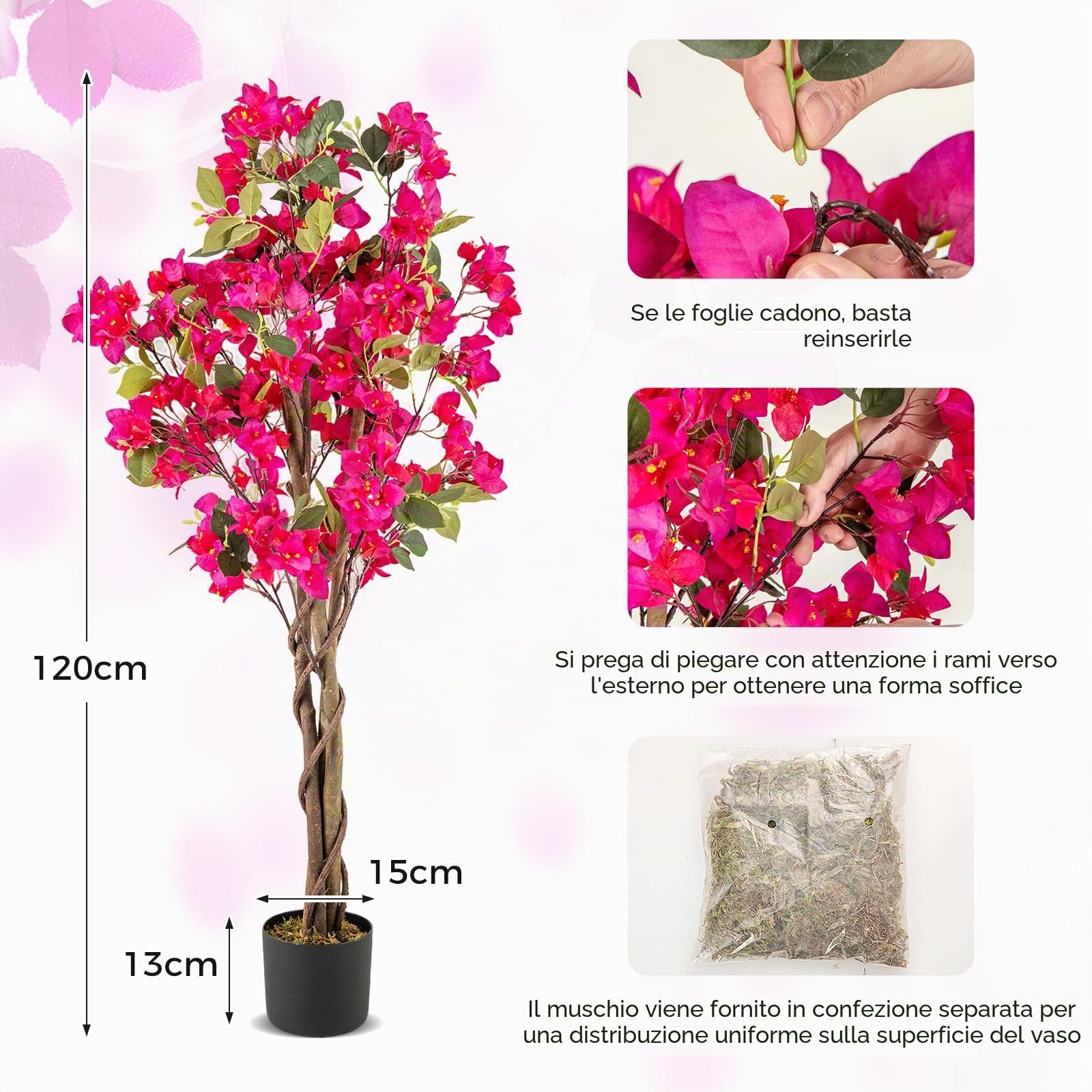 GIANTEX Bougainvillea Artificiale 120 cm, Albero di Buganville Finto con Fiori Aperti e Rami Realistici, Pianta Decorativa per Ingresso, Soggiorno, Ufficio, Rossa/Bianco (2, Rosso)