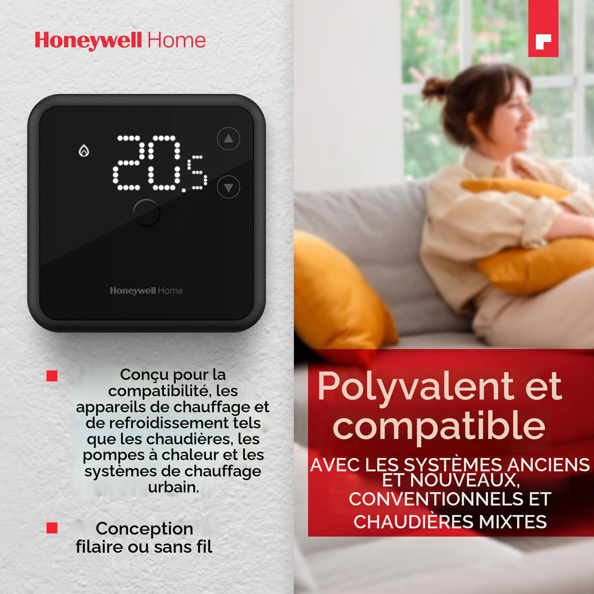 Thermostat d'ambiance Honeywell Home, facile à lire, affichage LED économe en énergie, filaire, noir
