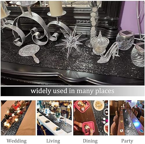 Miniatura 7 de 2 caminos de mesa de lentejuelas negras, 12 x 108 pulgadas, decoraciones de fiesta con purpurina, proveedores de fiestas para decoraciones de