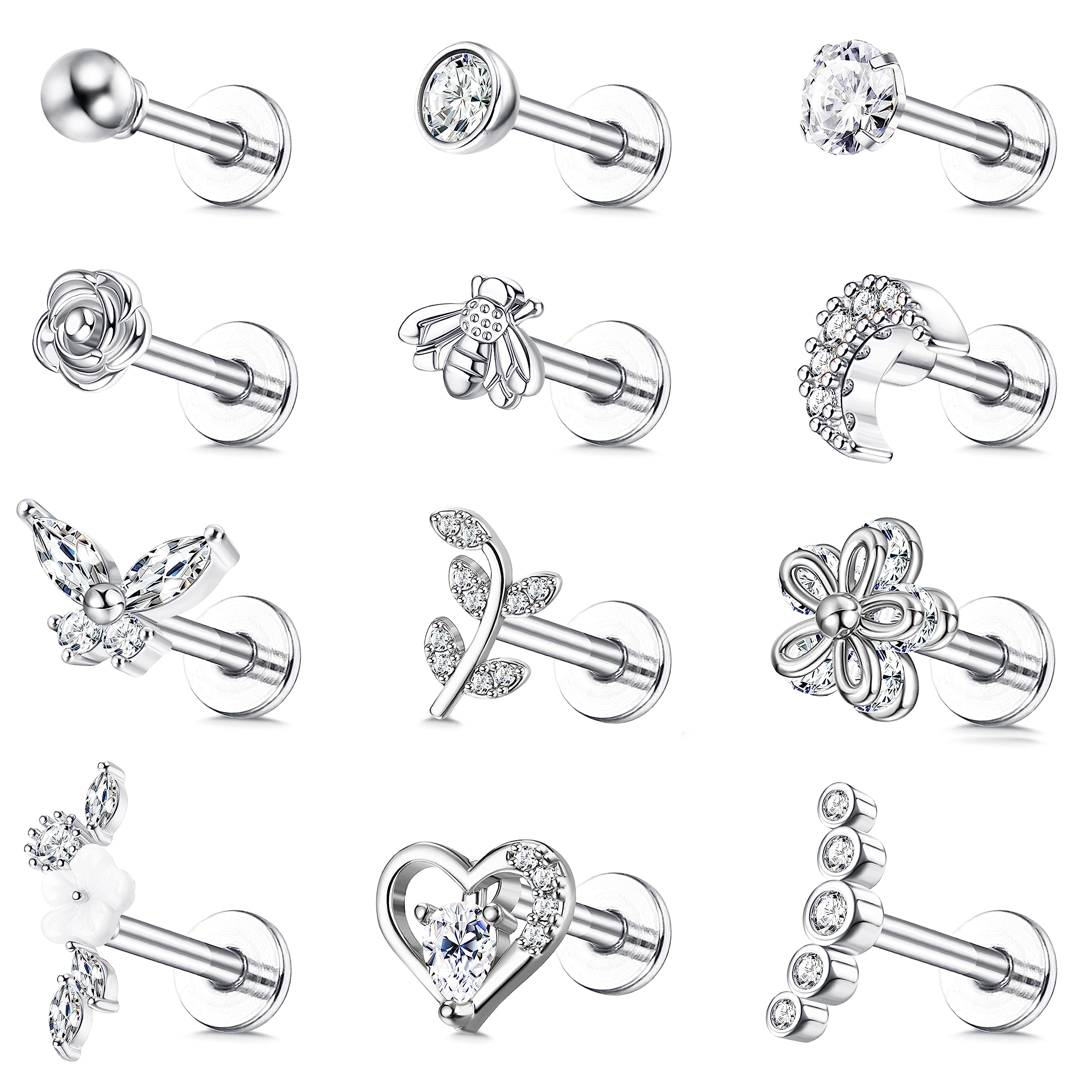 JeweBella 12PCS 16G Pendientes Cartílago Acero Quirúrgico para Mujer Helix Piercing Labret Barbell Nariz Circonita Luna Mariposa Pendientes Conjunto Conch Daith Tragus Piercing Joyería Plata/Oro