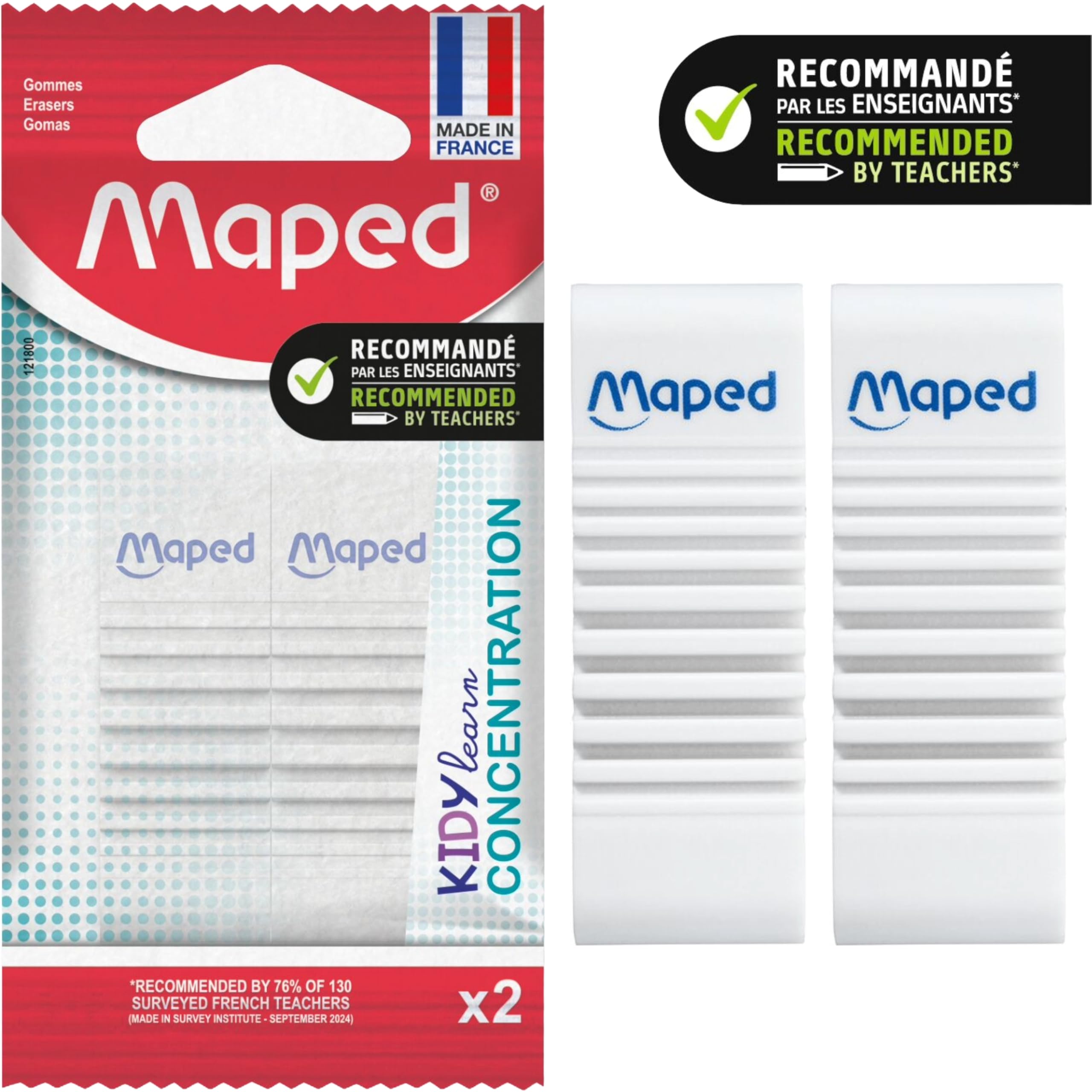 Maped - 2 gomme KIDY LEARN CONCENTRATION - Superficie strutturata - Stimolazione sensoriale - Gomma efficiente - Made in France - Confezione di carta riciclabile