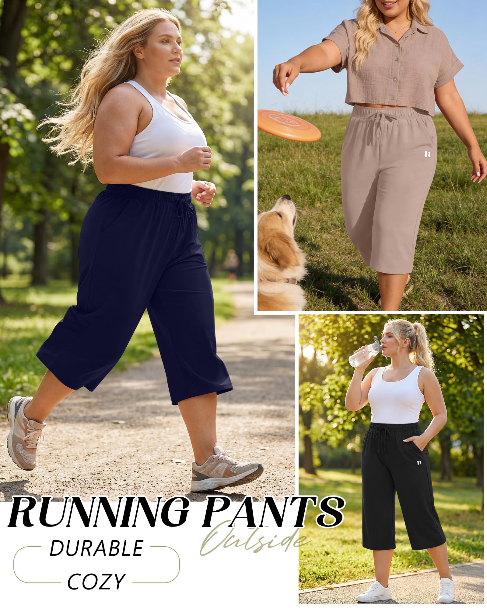 Neer Confezione da 3 Pantaloni Capri da Donna Taglie Forti, Gamba Larga, Modello Casual con Coulisse e Tasche