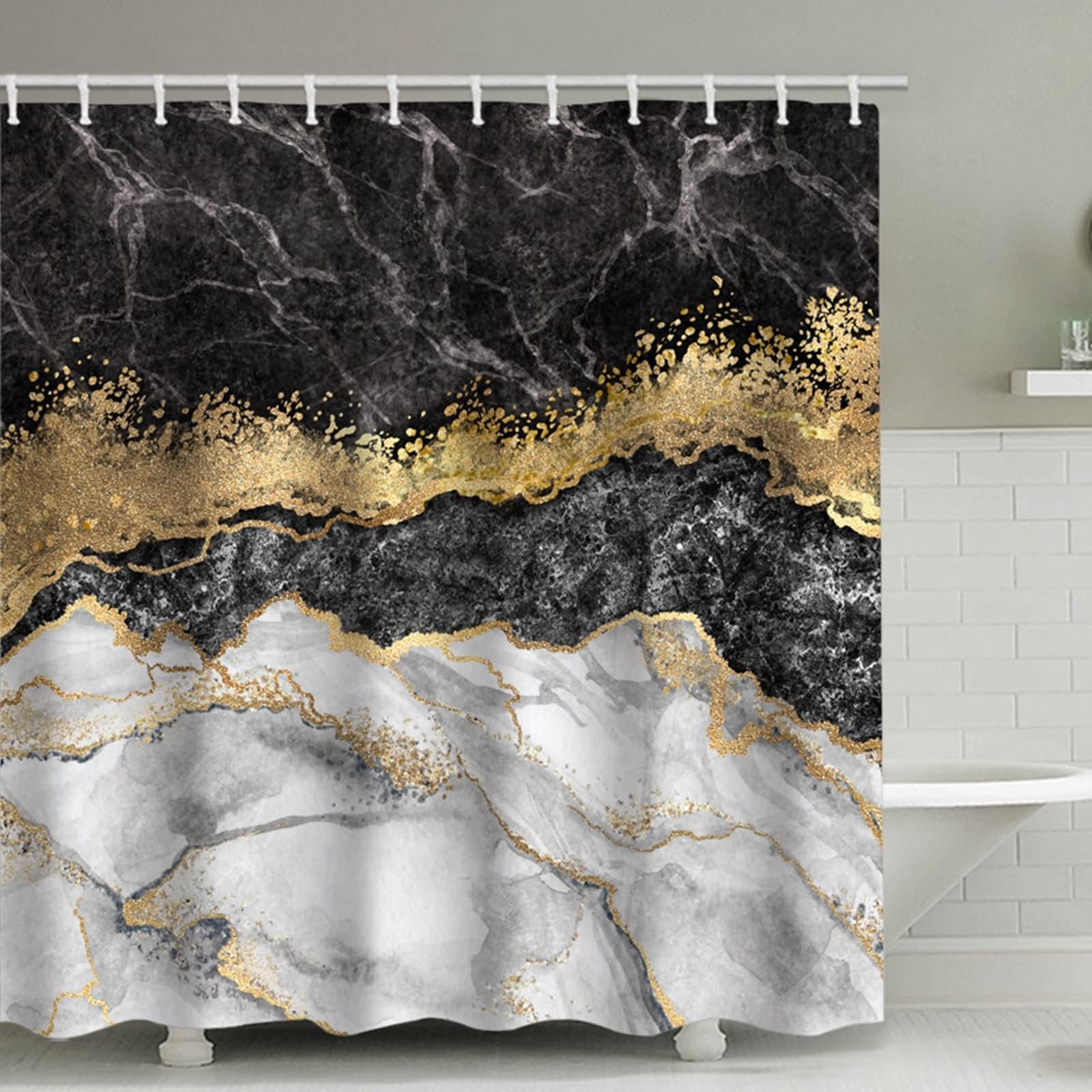 Rideau salle de bain imperméable gris noir doré 200x200 avec anneaux